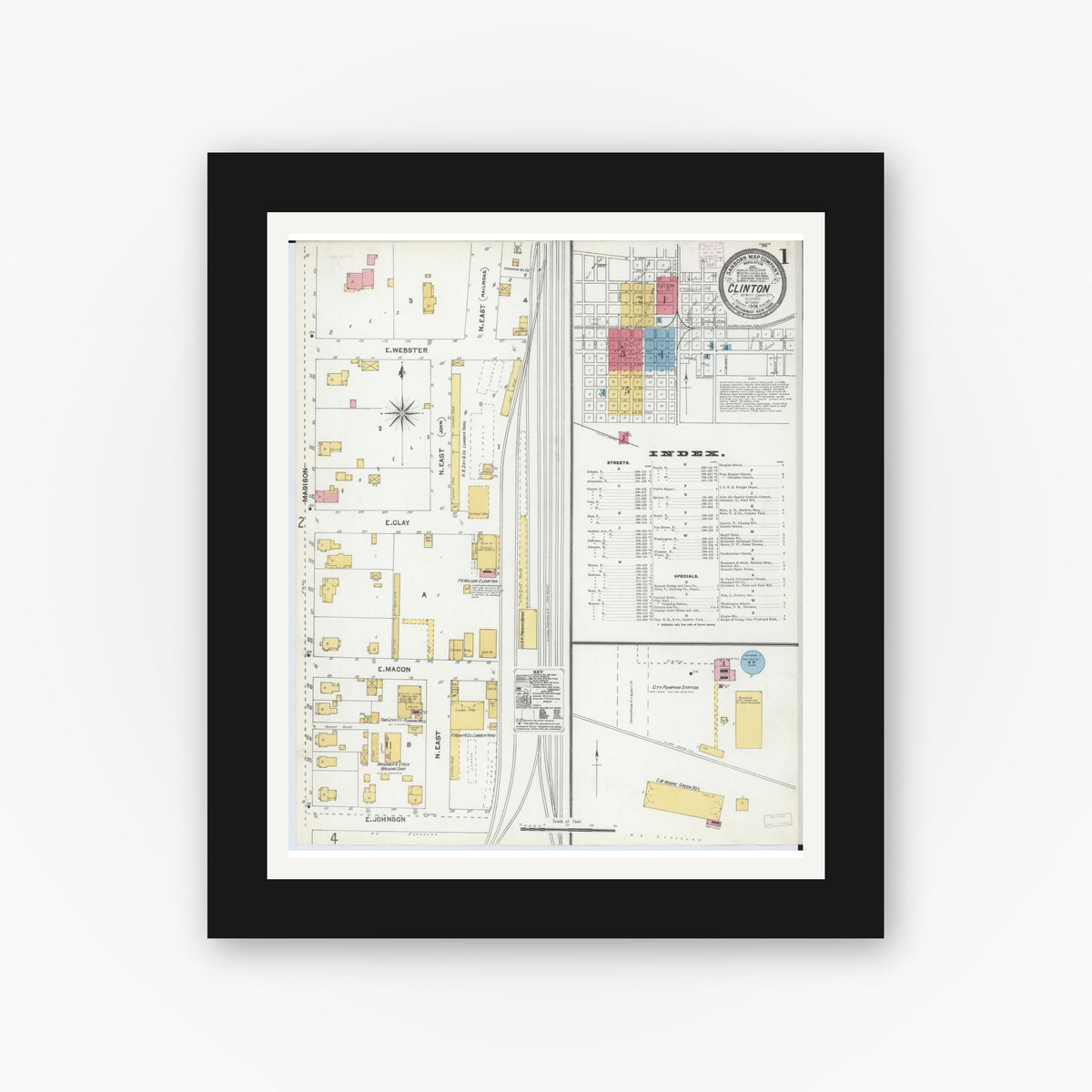 Old map wall art mockup — black gallery frame with white mat — Sanborn Fire Insurance Map from Clinton, De Witt County, Illinois (1904), Sheet #0001