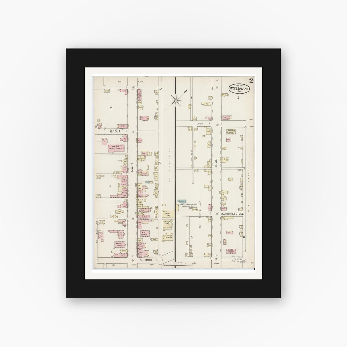 Old map wall art mockup — black gallery frame with white mat — Sanborn Fire Insurance Map from Mount Pleasant, Westmoreland County, Pennsylvania (1886), Sheet #0002