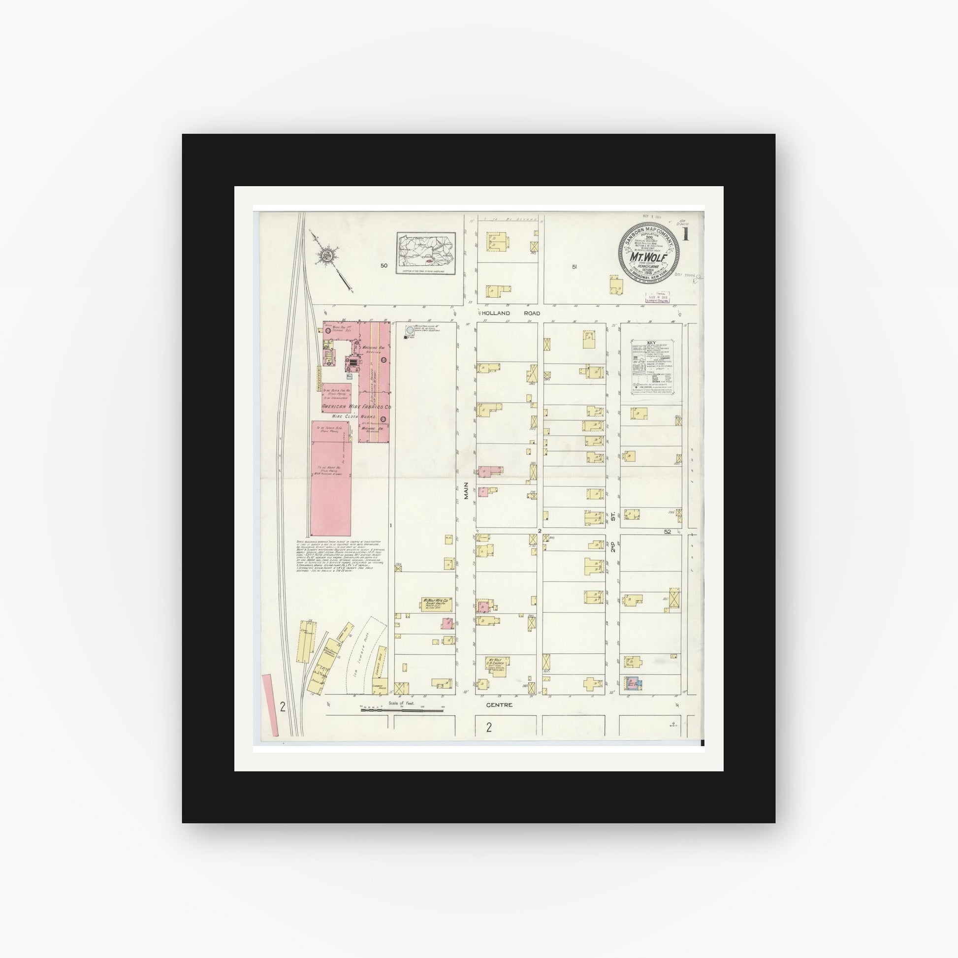 Old map wall art mockup — black gallery frame with white mat — Sanborn Fire Insurance Map from Mount Wolf, York County, Pennsylvania (1913) - Complete Map Set