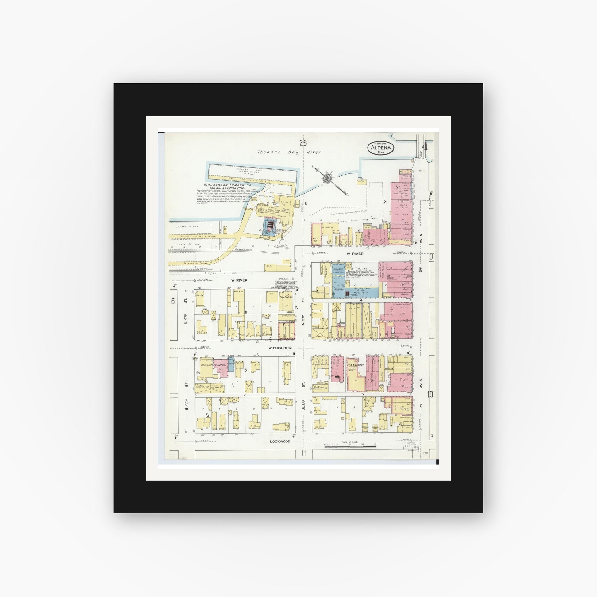 Old map wall art mockup — black gallery frame with white mat — Sanborn Fire Insurance Map from Alpena, Alpena County, Michigan (1910), Sheet #0004
