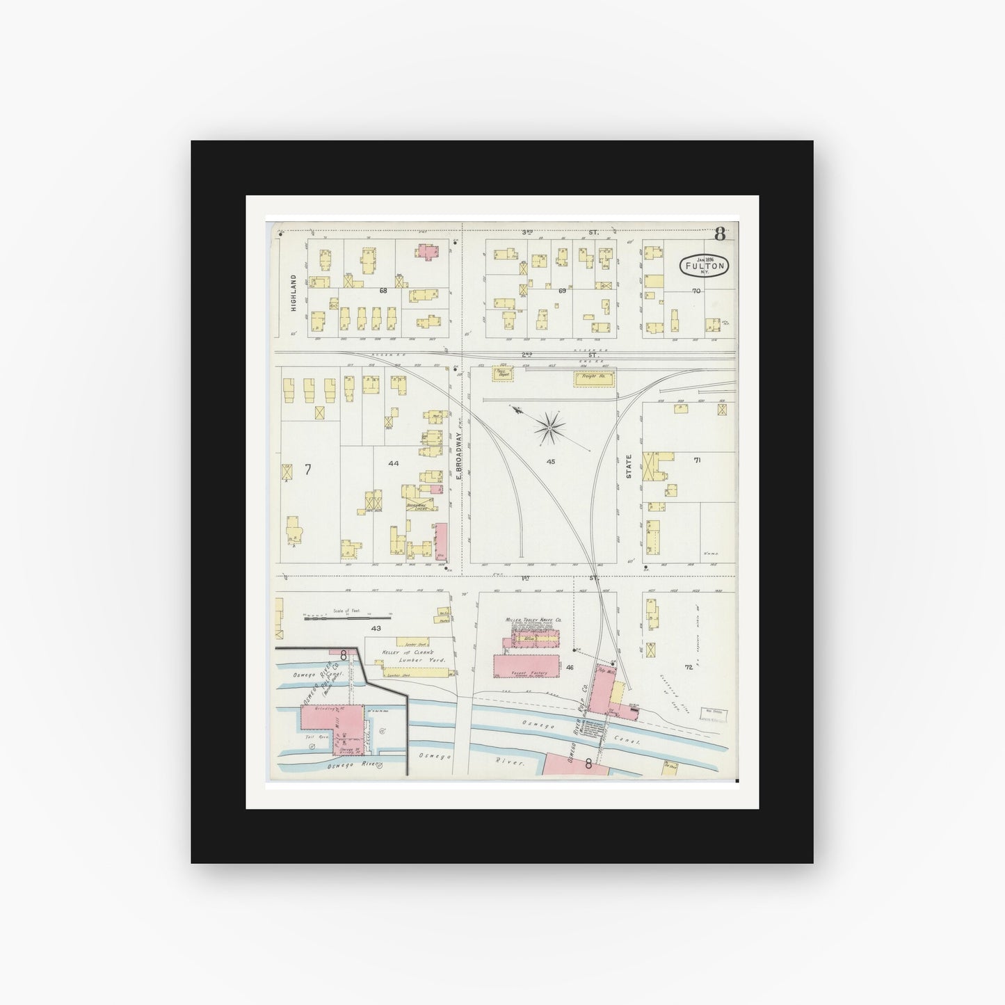 Old map wall art mockup — black gallery frame with white mat — Sanborn Fire Insurance Map from Fulton, Oswego County, New York (1896), Sheet #0008