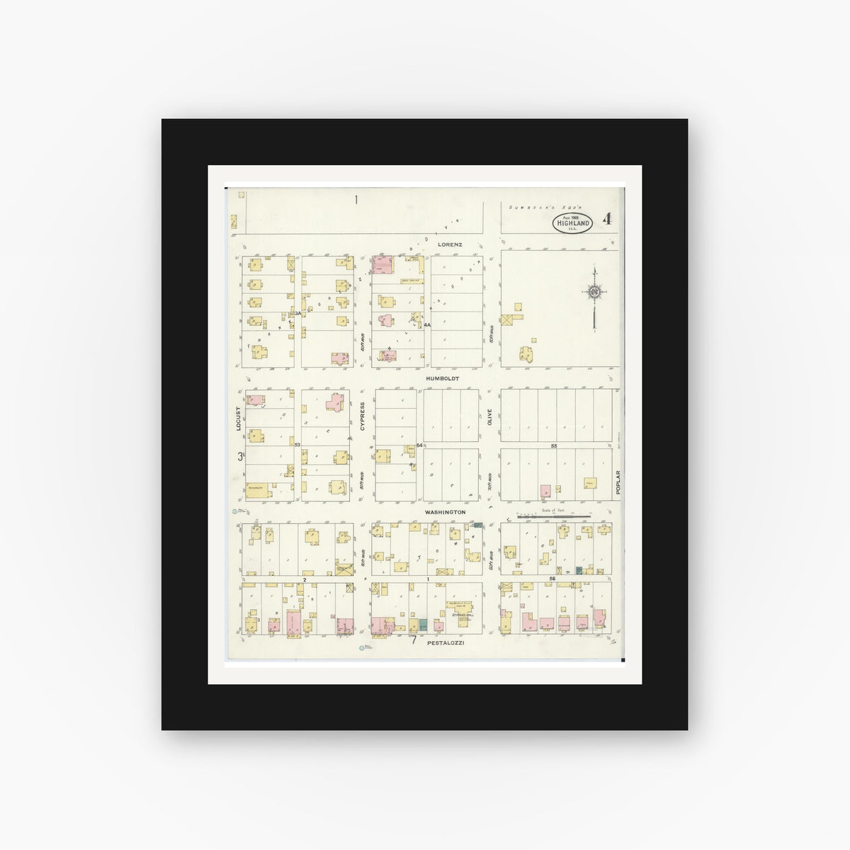 Old map wall art mockup — black gallery frame with white mat — Sanborn Fire Insurance Map from Highland, Madison County, Illinois (1908), Sheet #0004