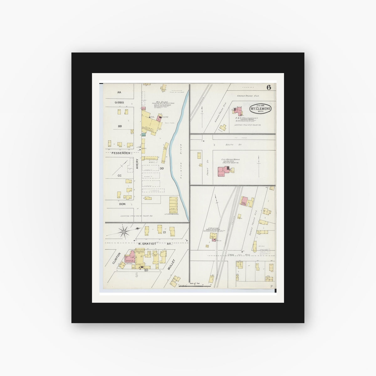 Old map wall art mockup — black gallery frame with white mat — Sanborn Fire Insurance Map from Mount Clemens, Macomb County, Michigan (1892), Sheet #0006