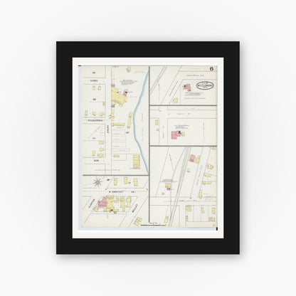 Old map wall art mockup — black gallery frame with white mat — Sanborn Fire Insurance Map from Mount Clemens, Macomb County, Michigan (1892), Sheet #0006