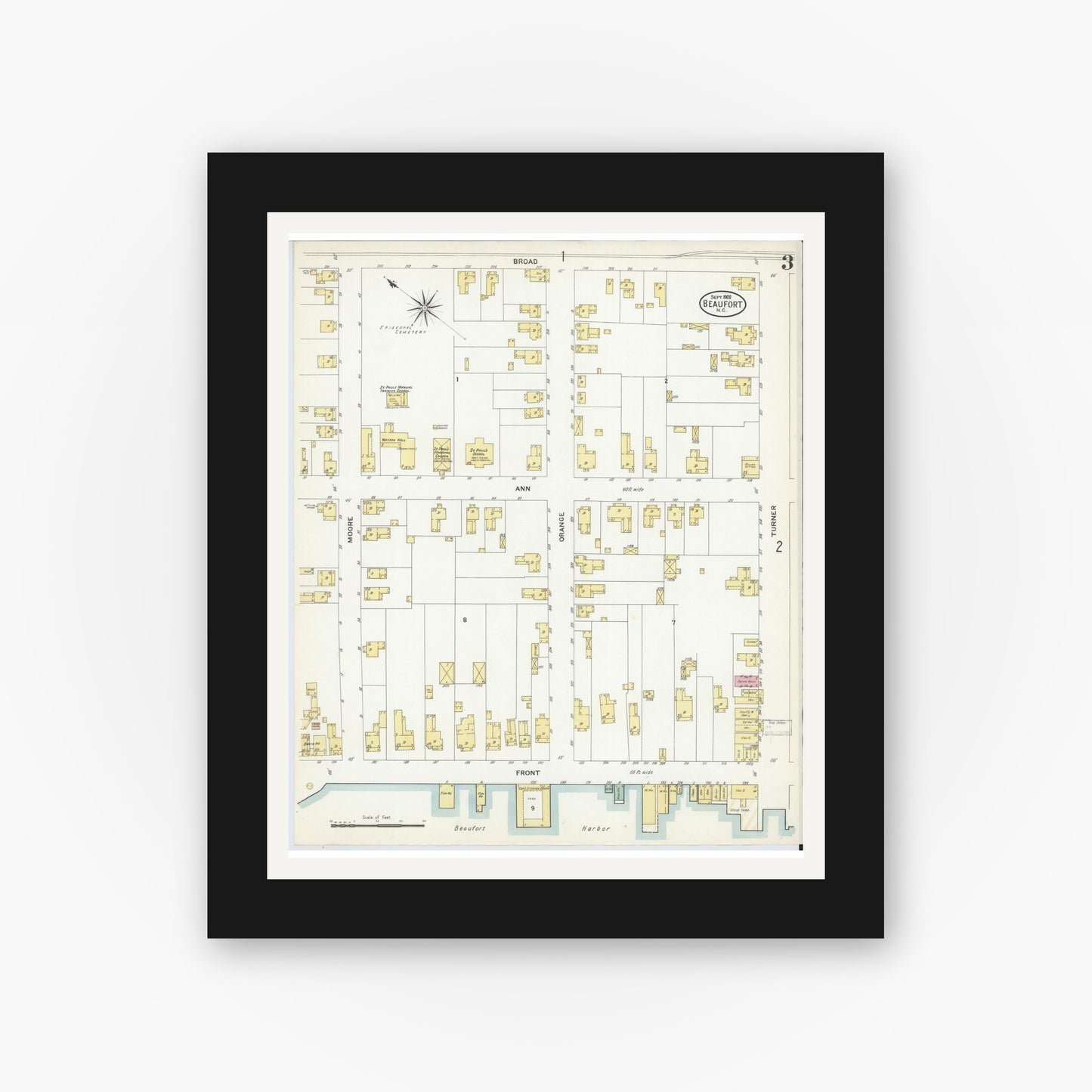 Old map wall art mockup — black gallery frame with white mat — Sanborn Fire Insurance Map from Beaufort, Carteret County, North Carolina (1908), Sheet #0003