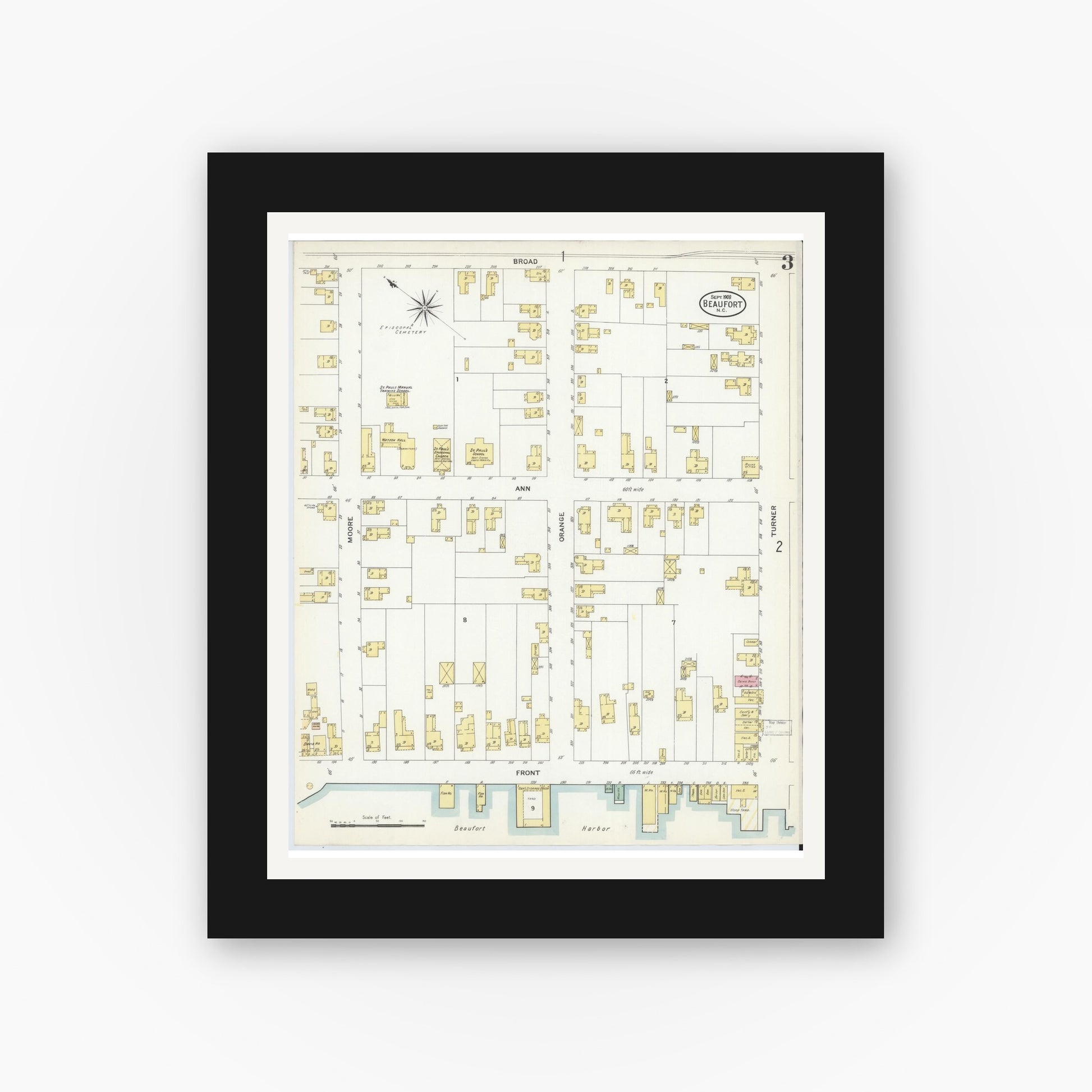 Old map wall art mockup — black gallery frame with white mat — Sanborn Fire Insurance Map from Beaufort, Carteret County, North Carolina (1908), Sheet #0003