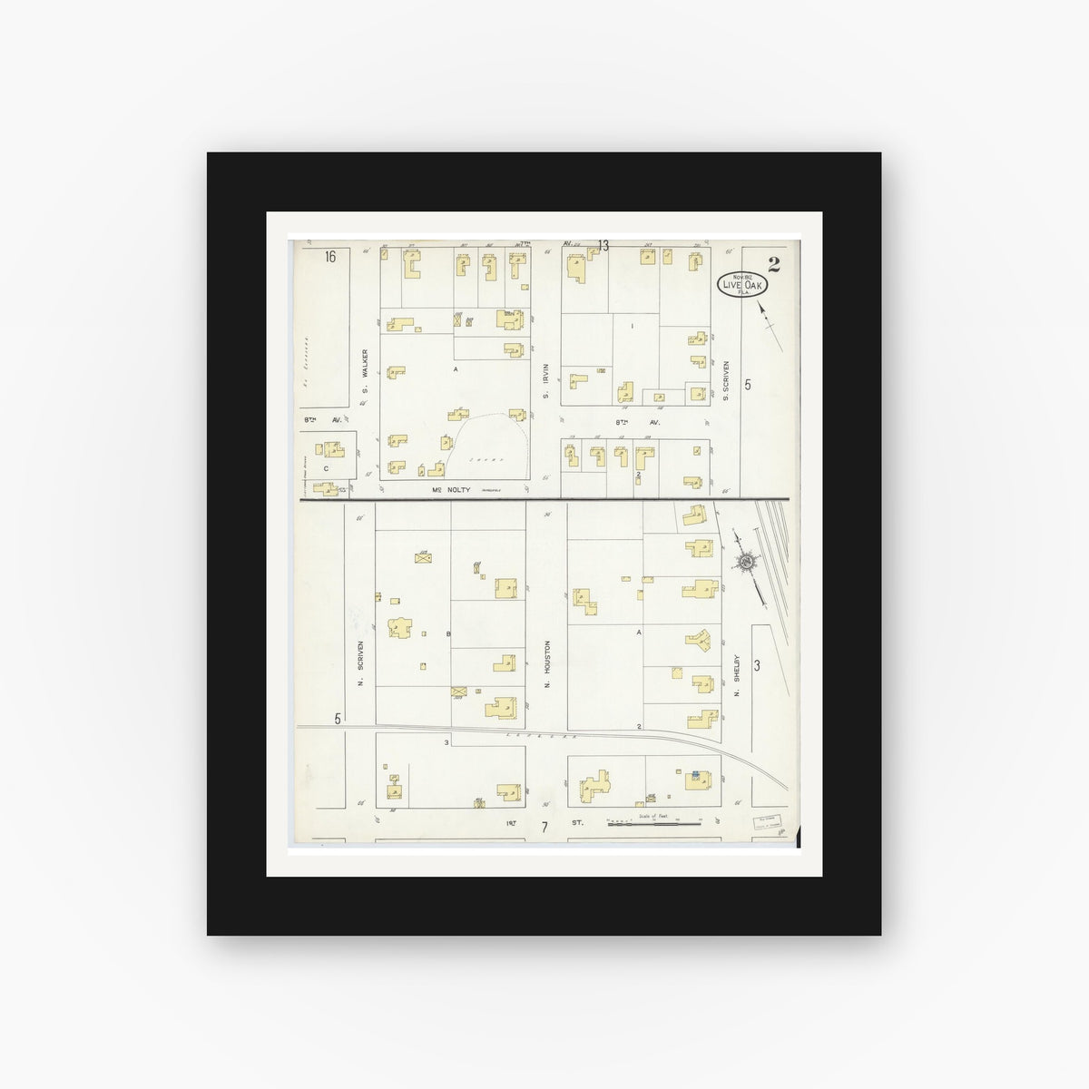 Old map wall art mockup — black gallery frame with white mat — Sanborn Fire Insurance Map from Live Oak, Suwanee County, Florida (1912), Sheet #0002