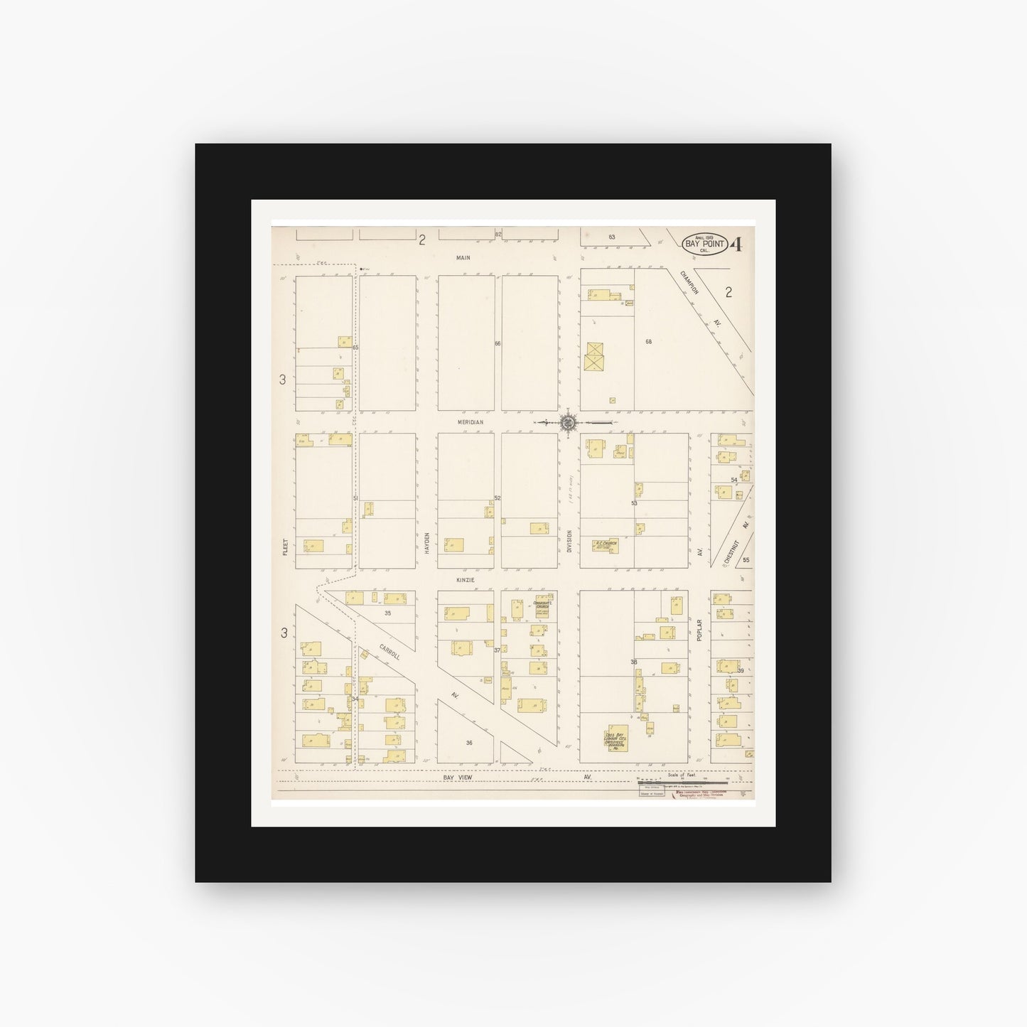 Old map wall art mockup — black gallery frame with white mat — Sanborn Fire Insurance Map from Bay Point, Contra Costa County, California (1919), Sheet #0004