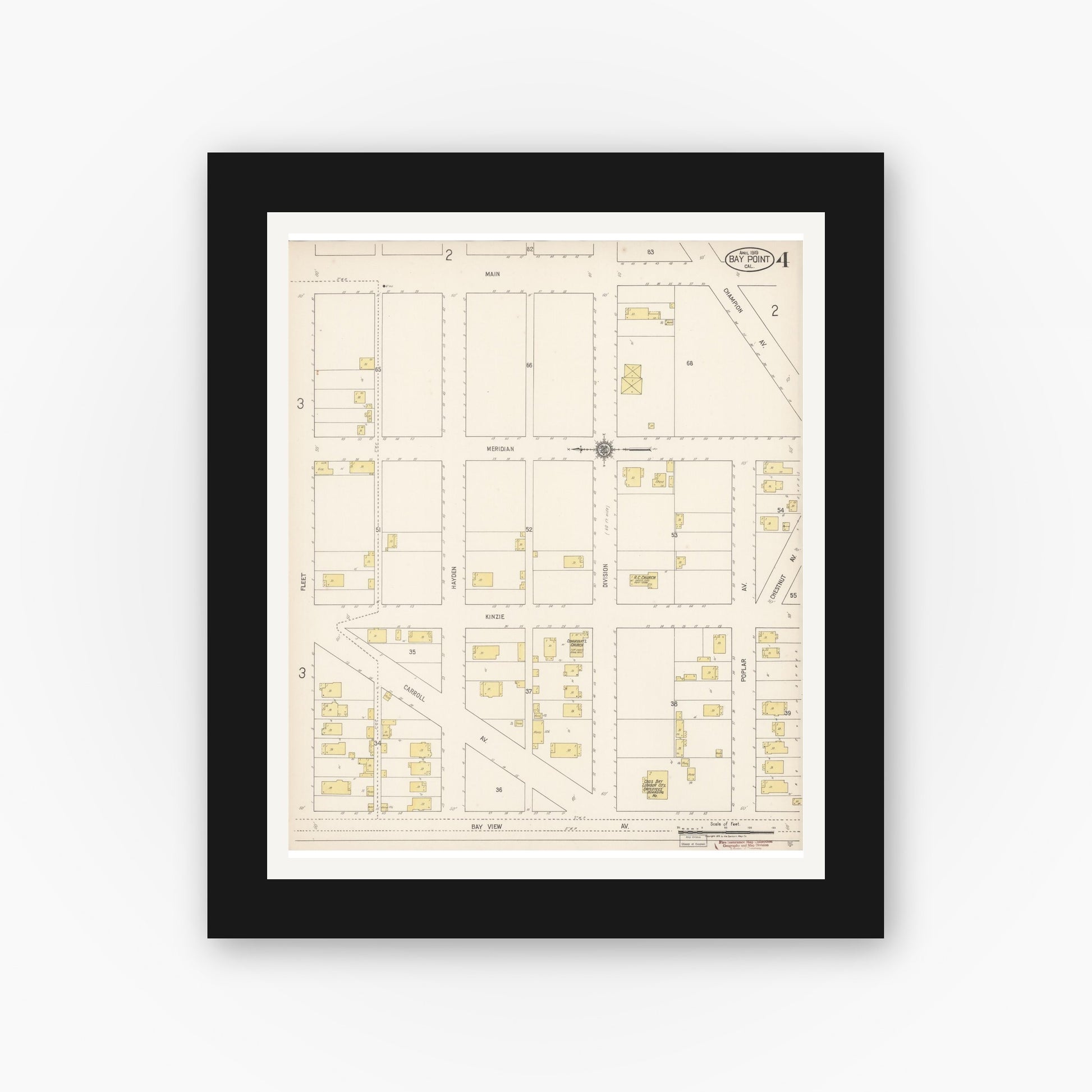 Old map wall art mockup — black gallery frame with white mat — Sanborn Fire Insurance Map from Bay Point, Contra Costa County, California (1919), Sheet #0004