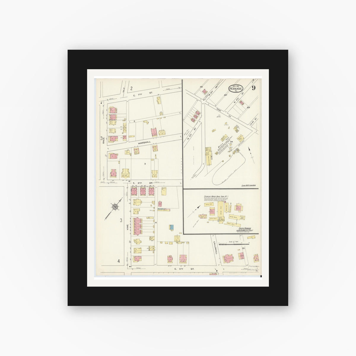Old map wall art mockup — black gallery frame with white mat — Sanborn Fire Insurance Map from Perkasie, Bucks County, Pennsylvania (1913), Sheet #0009