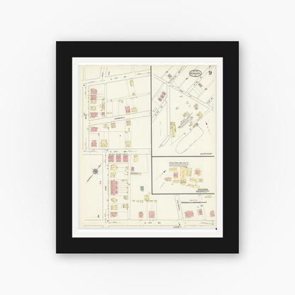 Old map wall art mockup — black gallery frame with white mat — Sanborn Fire Insurance Map from Perkasie, Bucks County, Pennsylvania (1913), Sheet #0009