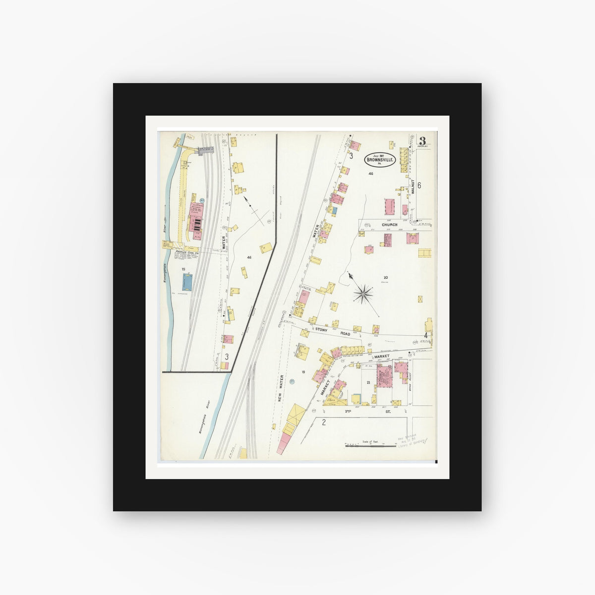 Old map wall art mockup — black gallery frame with white mat — Sanborn Fire Insurance Map from Brownsville, Fayette County, Pennsylvania (1907), Sheet #0003