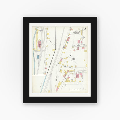 Old map wall art mockup — black gallery frame with white mat — Sanborn Fire Insurance Map from Brownsville, Fayette County, Pennsylvania (1907), Sheet #0003