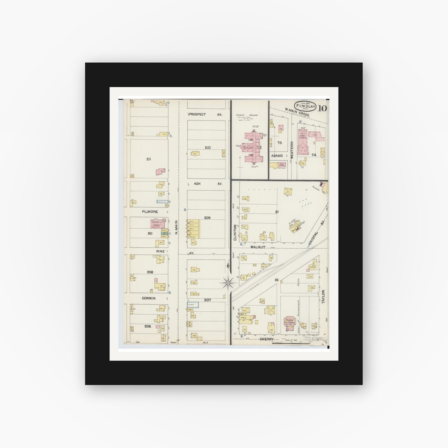 Old map wall art mockup — black gallery frame with white mat — Sanborn Fire Insurance Map from Findlay, Hancock County, Ohio (1890), Sheet #0010