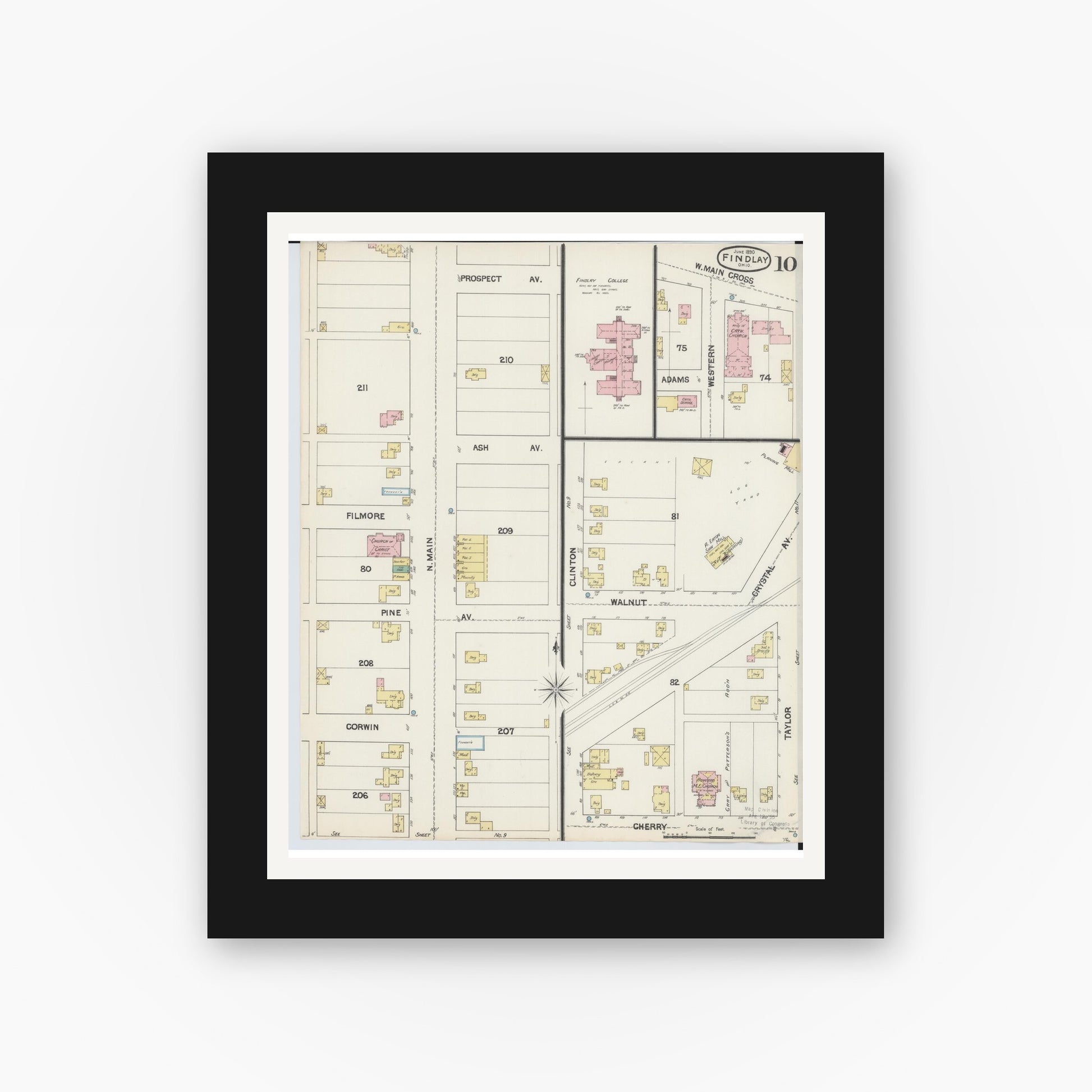 Old map wall art mockup — black gallery frame with white mat — Sanborn Fire Insurance Map from Findlay, Hancock County, Ohio (1890), Sheet #0010