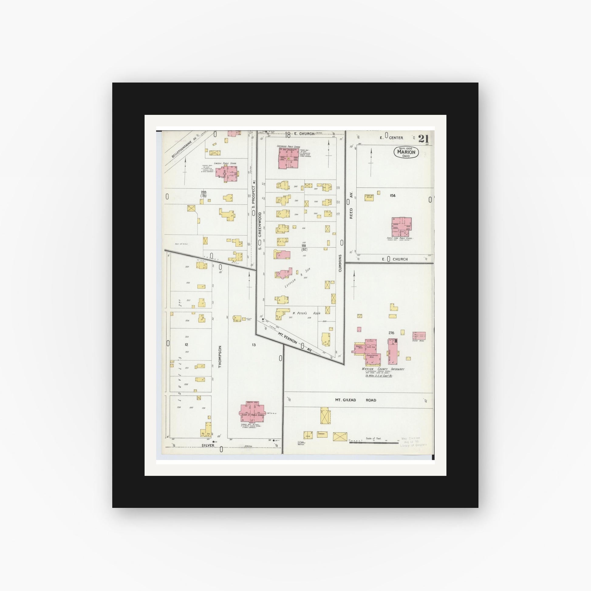 Old map wall art mockup — black gallery frame with white mat — Sanborn Fire Insurance Map from Marion, Marion County, Ohio (1900), Sheet #0021