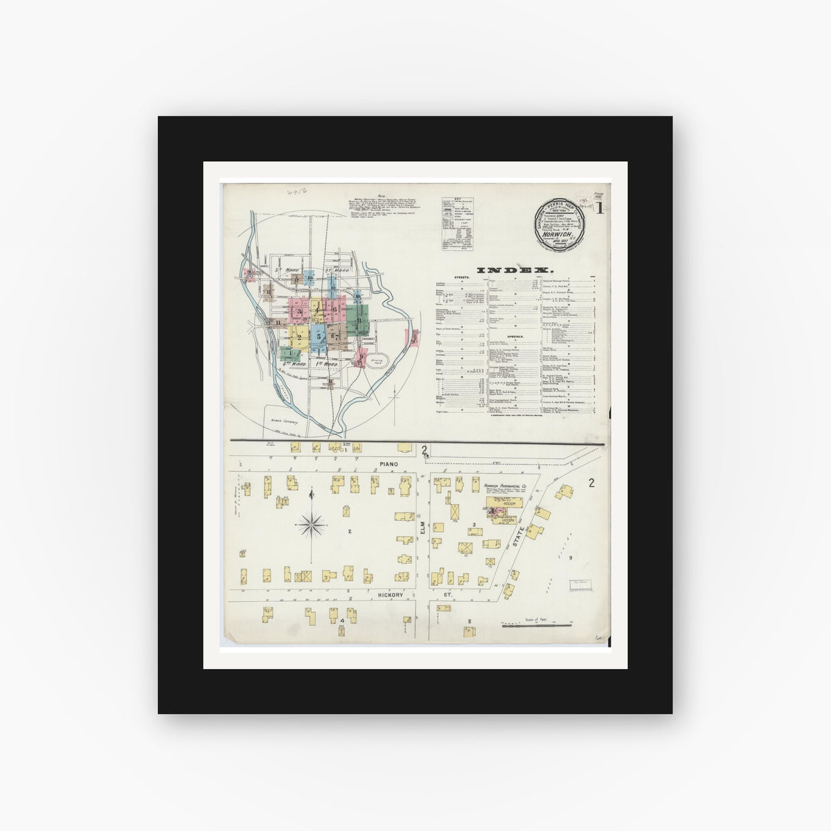 Old map wall art mockup — black gallery frame with white mat — Sanborn Fire Insurance Map from Norwich, Chenango County, New York (1897), Sheet #0001