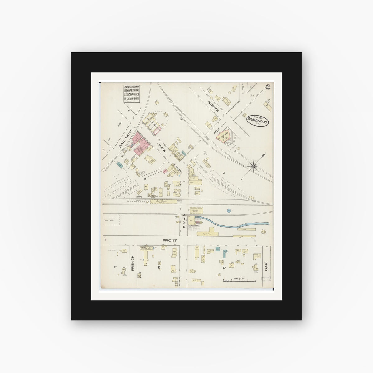 Old map wall art mockup — black gallery frame with white mat — Sanborn Fire Insurance Map from Braidwood, Will County, Illinois (1885), Sheet #0002