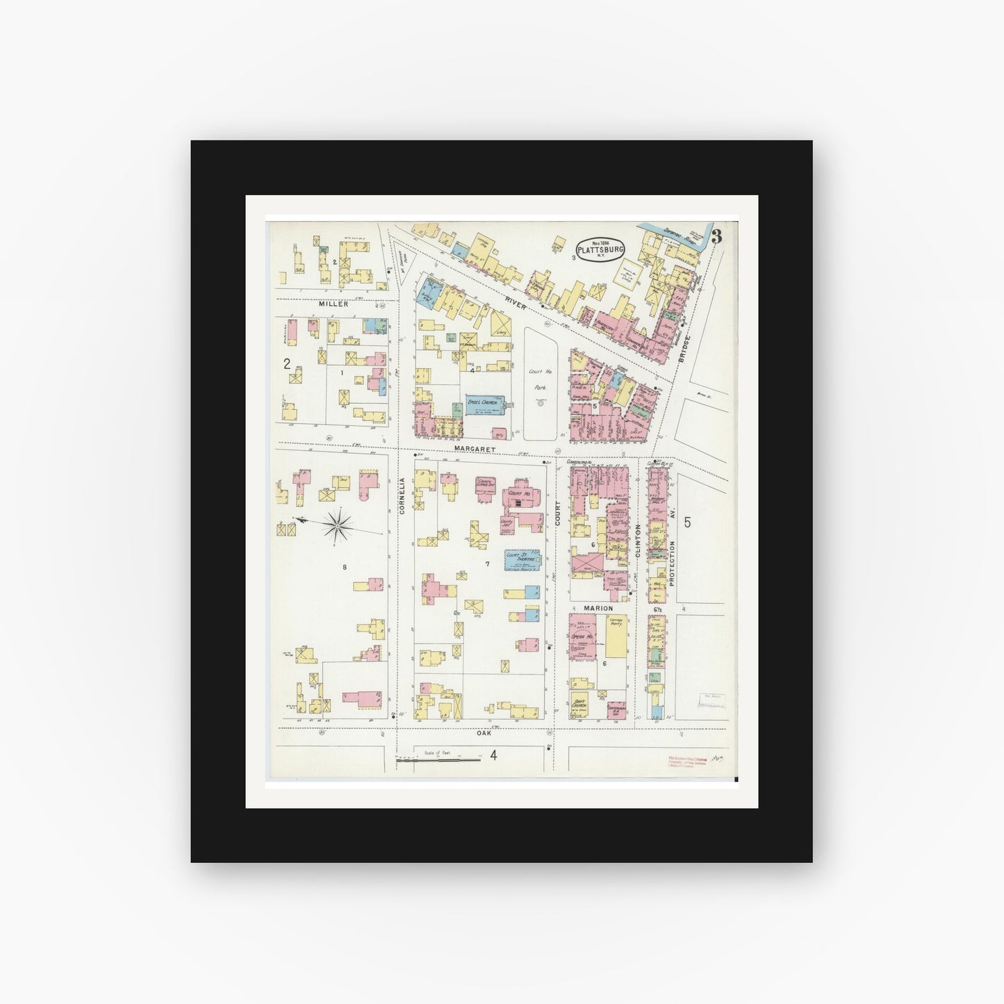 Old map wall art mockup — black gallery frame with white mat — Sanborn Fire Insurance Map from Plattsburg, Clinton County, New York (1896), Sheet #0003