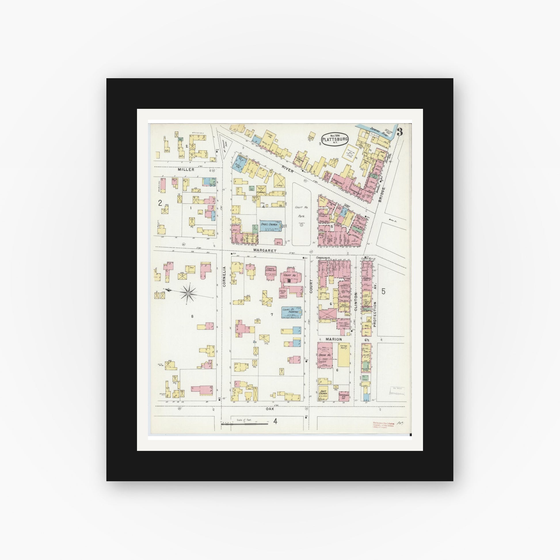 Old map wall art mockup — black gallery frame with white mat — Sanborn Fire Insurance Map from Plattsburg, Clinton County, New York (1896), Sheet #0003