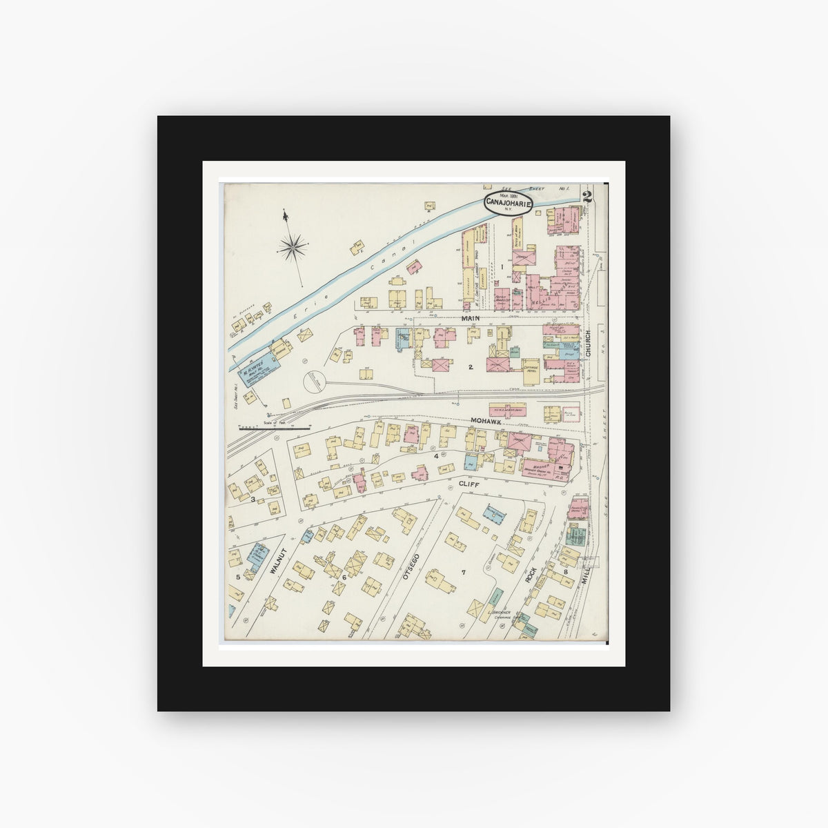 Old map wall art mockup — black gallery frame with white mat — Sanborn Fire Insurance Map from Canajoharie, Montgomery County, New York (1891), Sheet #0002