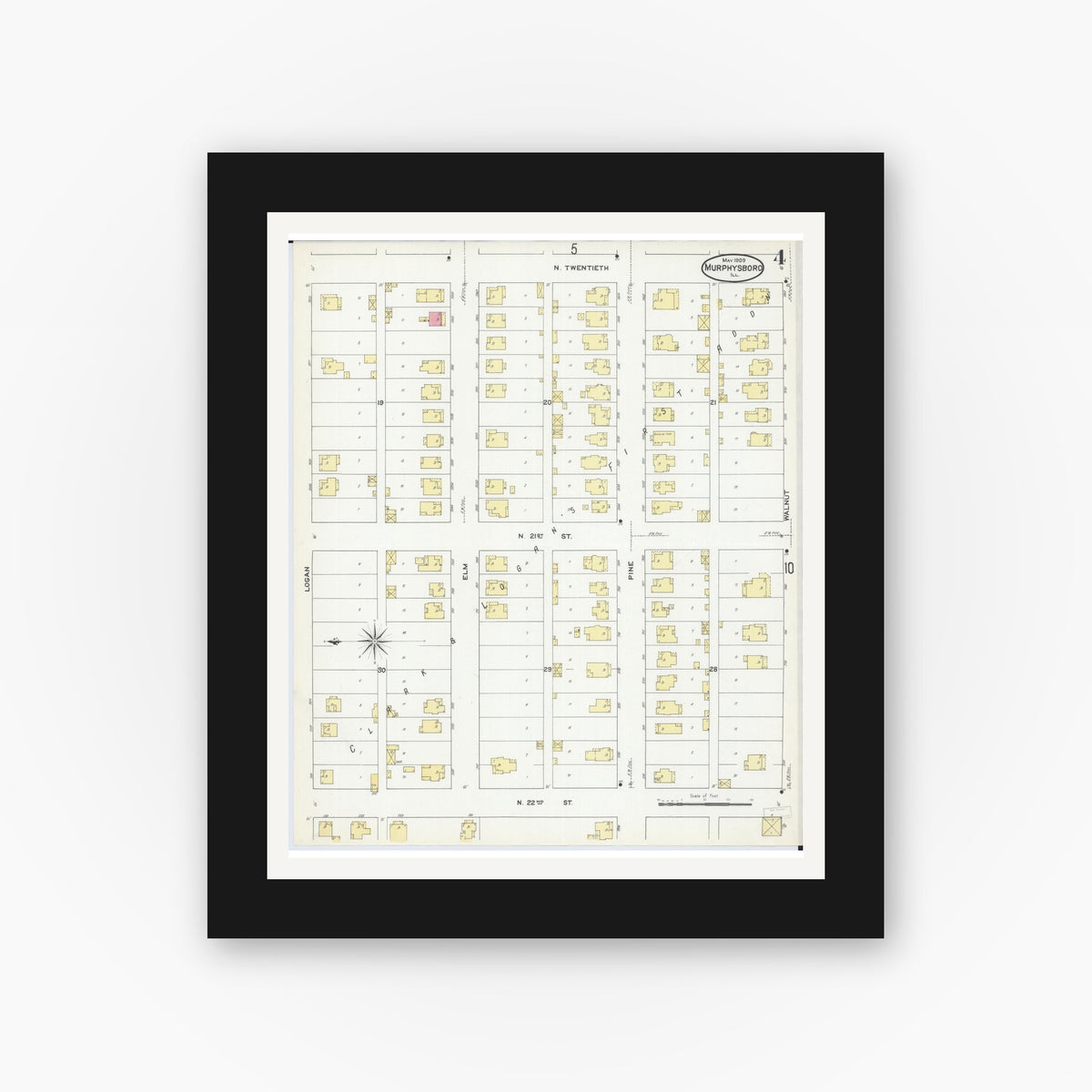 Old map wall art mockup — black gallery frame with white mat — Sanborn Fire Insurance Map from Murphysboro, Jackson County, Illinois (1909), Sheet #0004