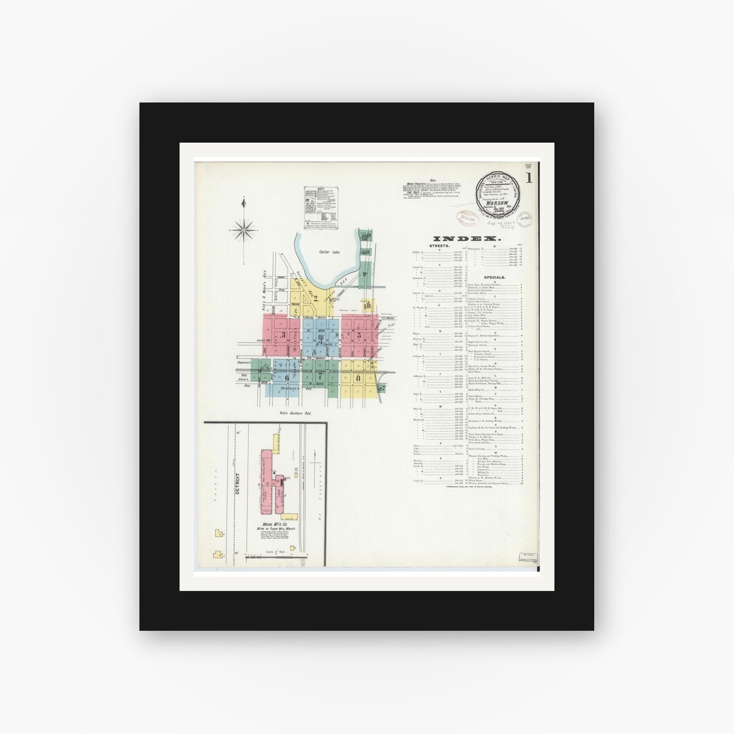 Old map wall art mockup — black gallery frame with white mat — Sanborn Fire Insurance Map from Warsaw, Kosciusko County, Indiana (1899) - Complete Map Set