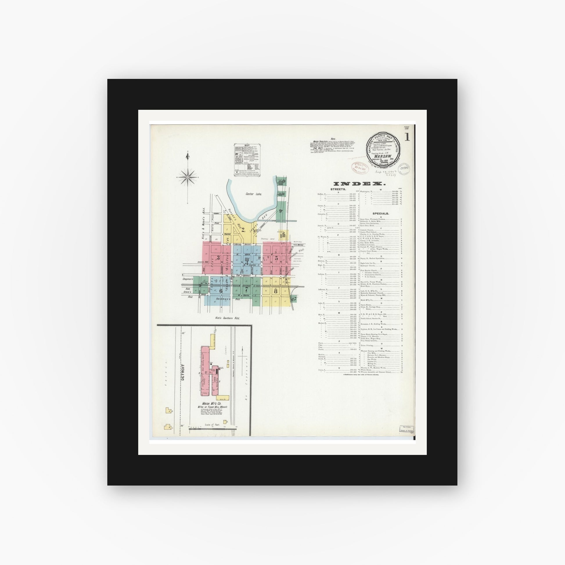 Old map wall art mockup — black gallery frame with white mat — Sanborn Fire Insurance Map from Warsaw, Kosciusko County, Indiana (1899) - Complete Map Set
