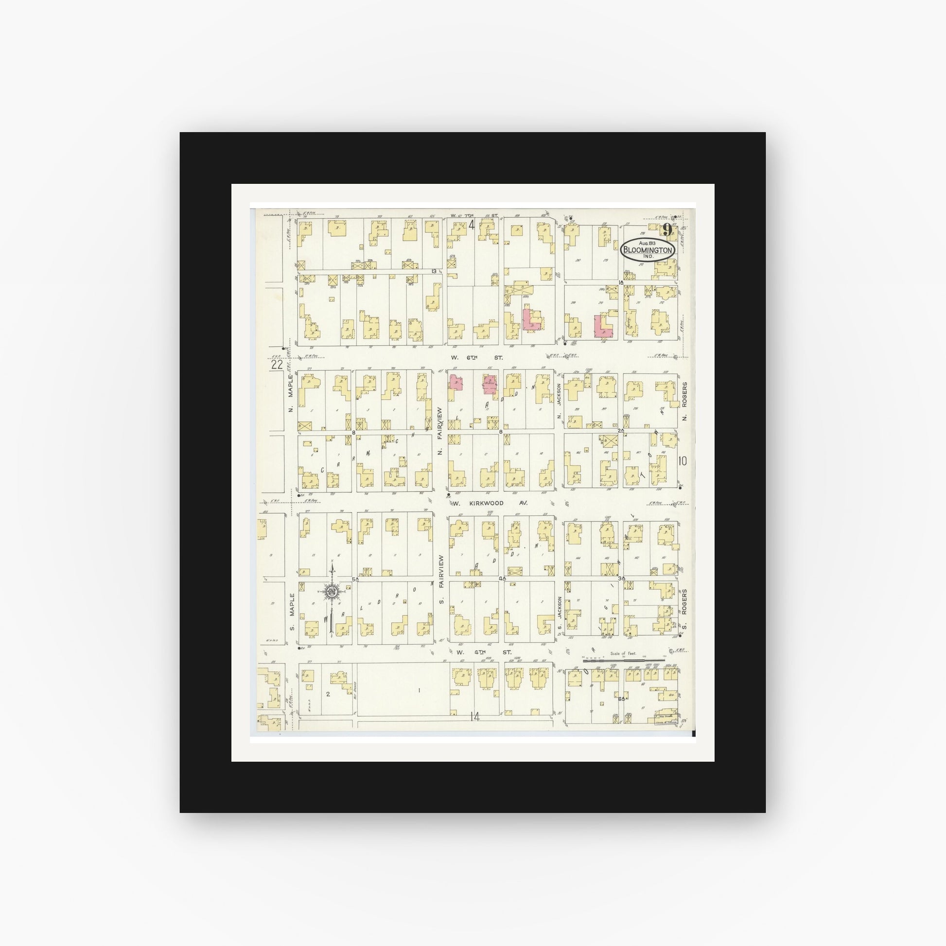 Old map wall art mockup — black gallery frame with white mat — Sanborn Fire Insurance Map from Bloomington, Monroe County, Indiana (1913), Sheet #0009