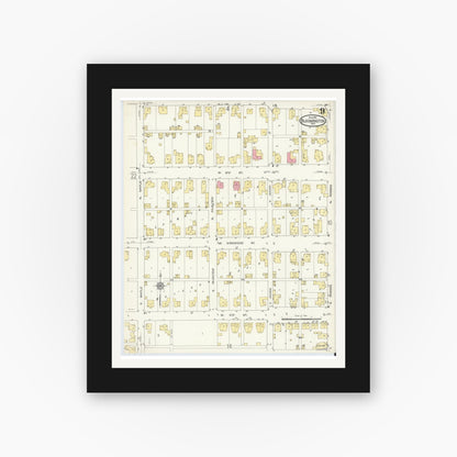 Old map wall art mockup — black gallery frame with white mat — Sanborn Fire Insurance Map from Bloomington, Monroe County, Indiana (1913), Sheet #0009