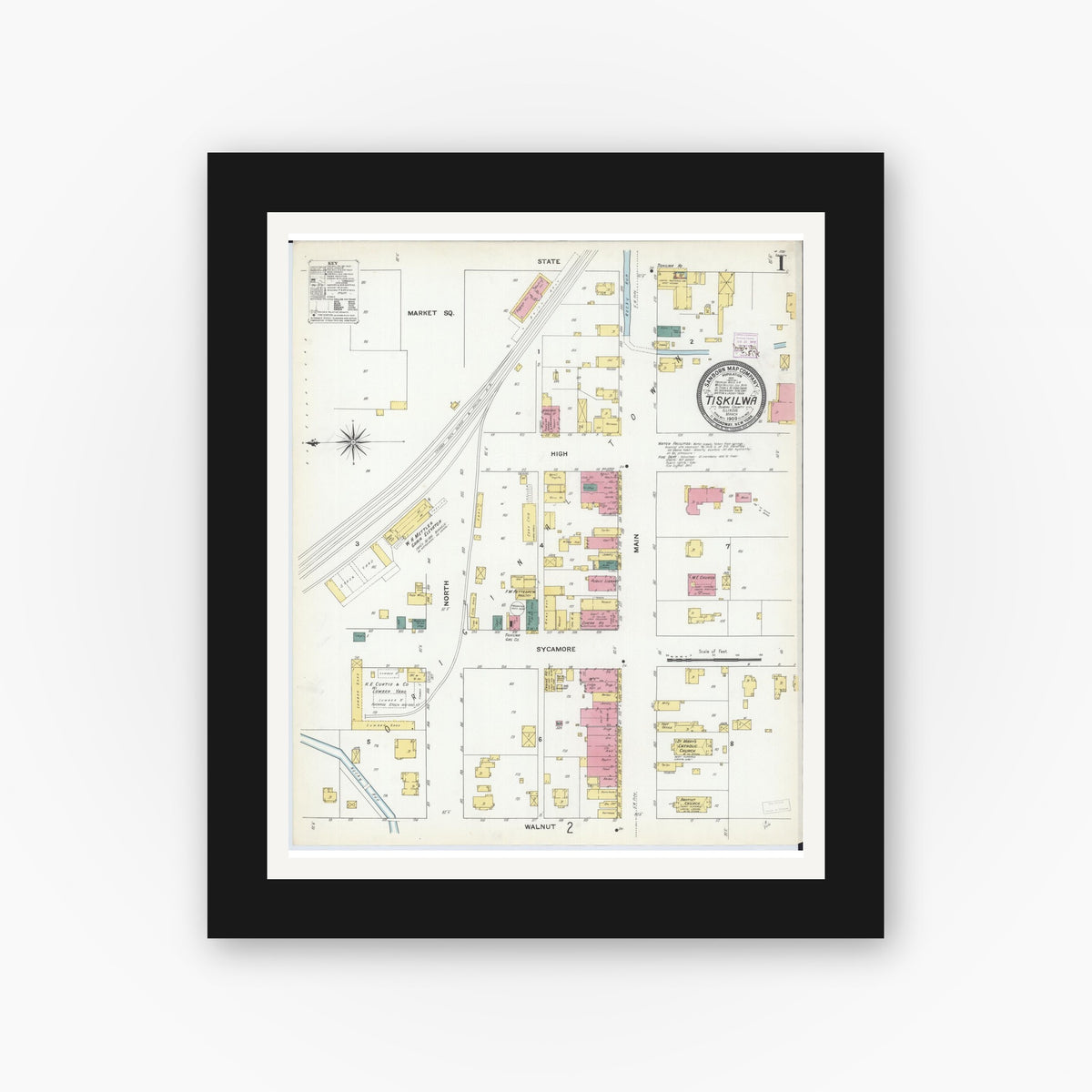 Old map wall art mockup — black gallery frame with white mat — Sanborn Fire Insurance Map from Tiskilwa, Bureau County, Illinois (1909) - Complete Map Set