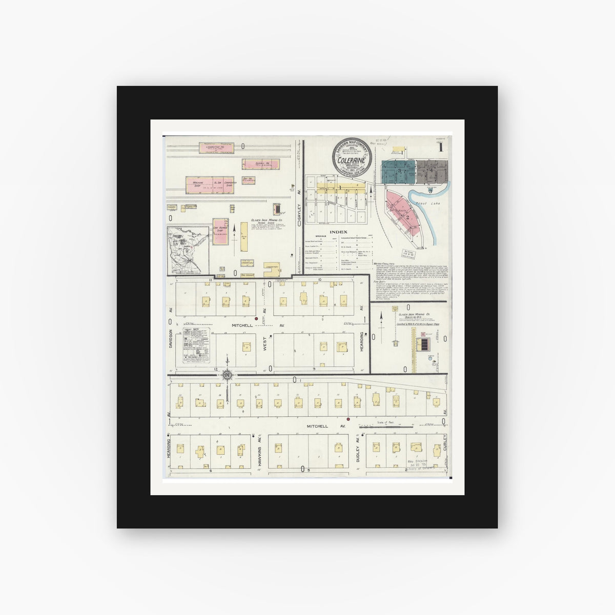 Old map wall art mockup — black gallery frame with white mat — Sanborn Fire Insurance Map from Coleraine, Itasca County, Minnesota (1921), Sheet #0001