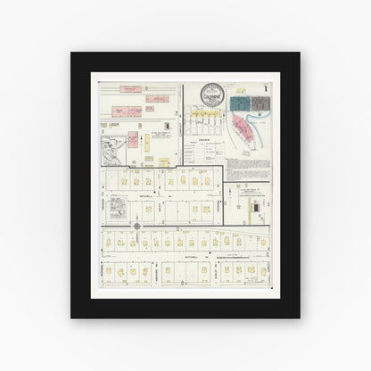 Old map wall art mockup — black gallery frame with white mat — Sanborn Fire Insurance Map from Coleraine, Itasca County, Minnesota (1921), Sheet #0001