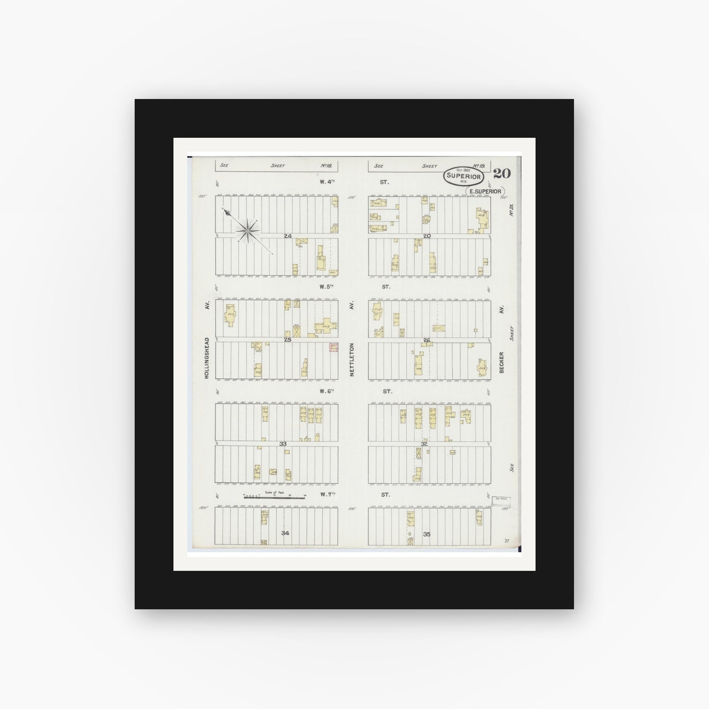 Old map wall art mockup — black gallery frame with white mat — Sanborn Fire Insurance Map from Superior, Douglas County, Wisconsin (1887), Sheet #0020