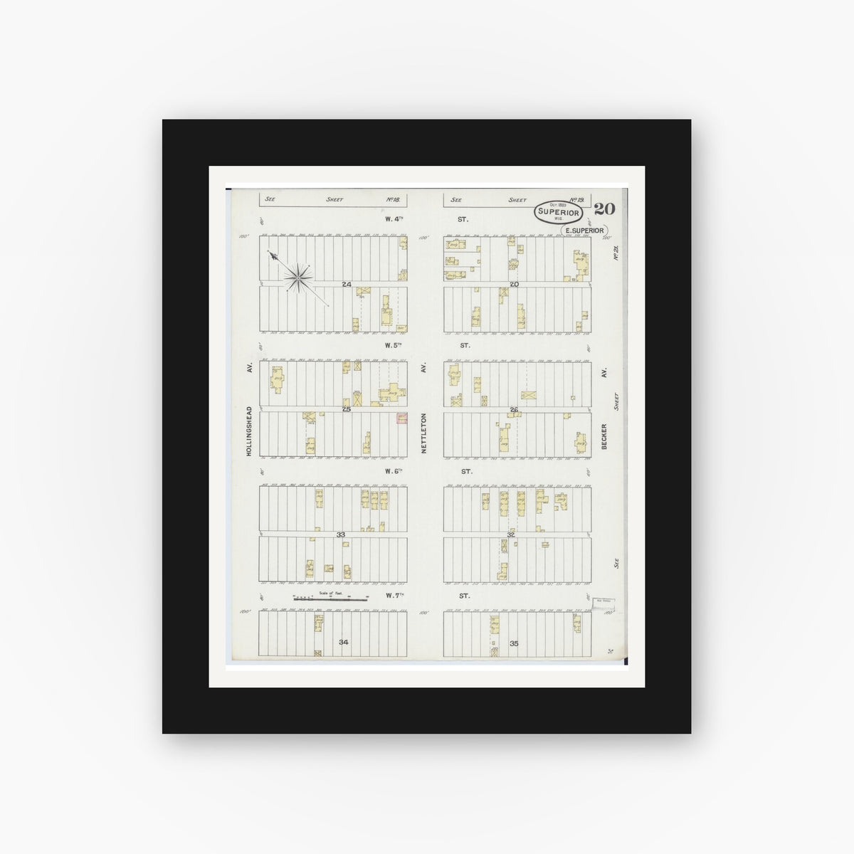 Old map wall art mockup — black gallery frame with white mat — Sanborn Fire Insurance Map from Superior, Douglas County, Wisconsin (1887), Sheet #0020