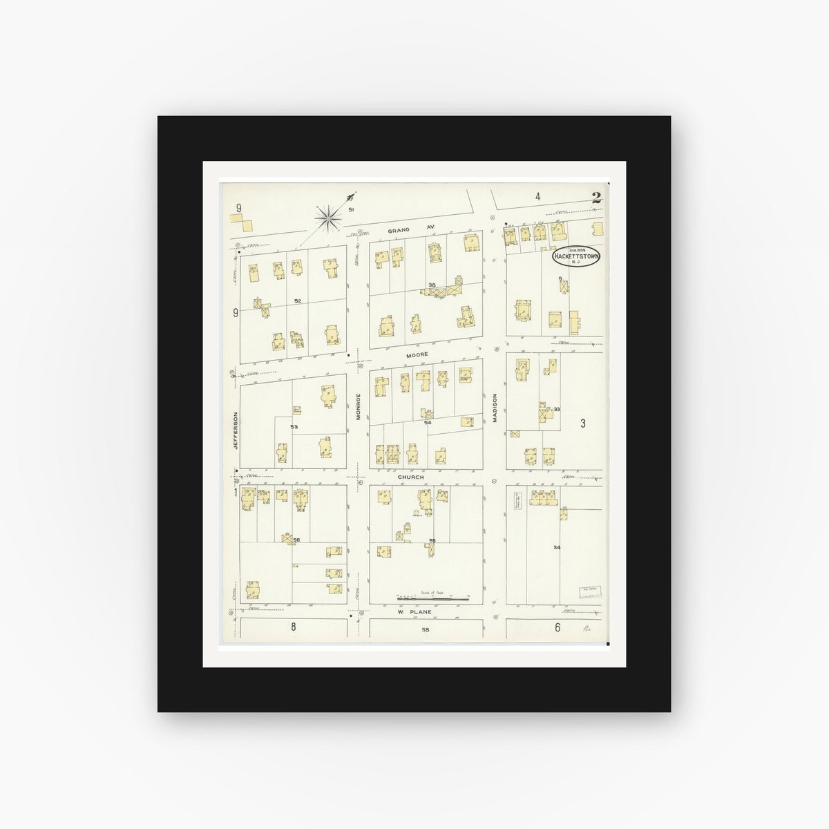 Old map wall art mockup — black gallery frame with white mat — Sanborn Fire Insurance Map from Hackettstown, Warren County, New Jersey (1909), Sheet #0002