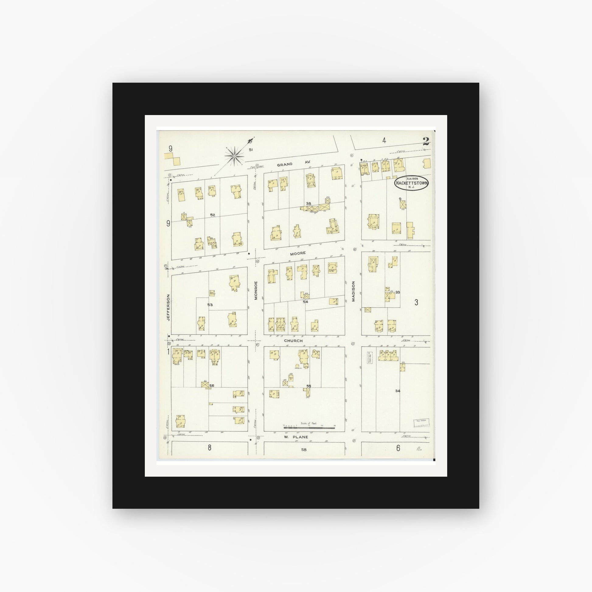 Old map wall art mockup — black gallery frame with white mat — Sanborn Fire Insurance Map from Hackettstown, Warren County, New Jersey (1909), Sheet #0002