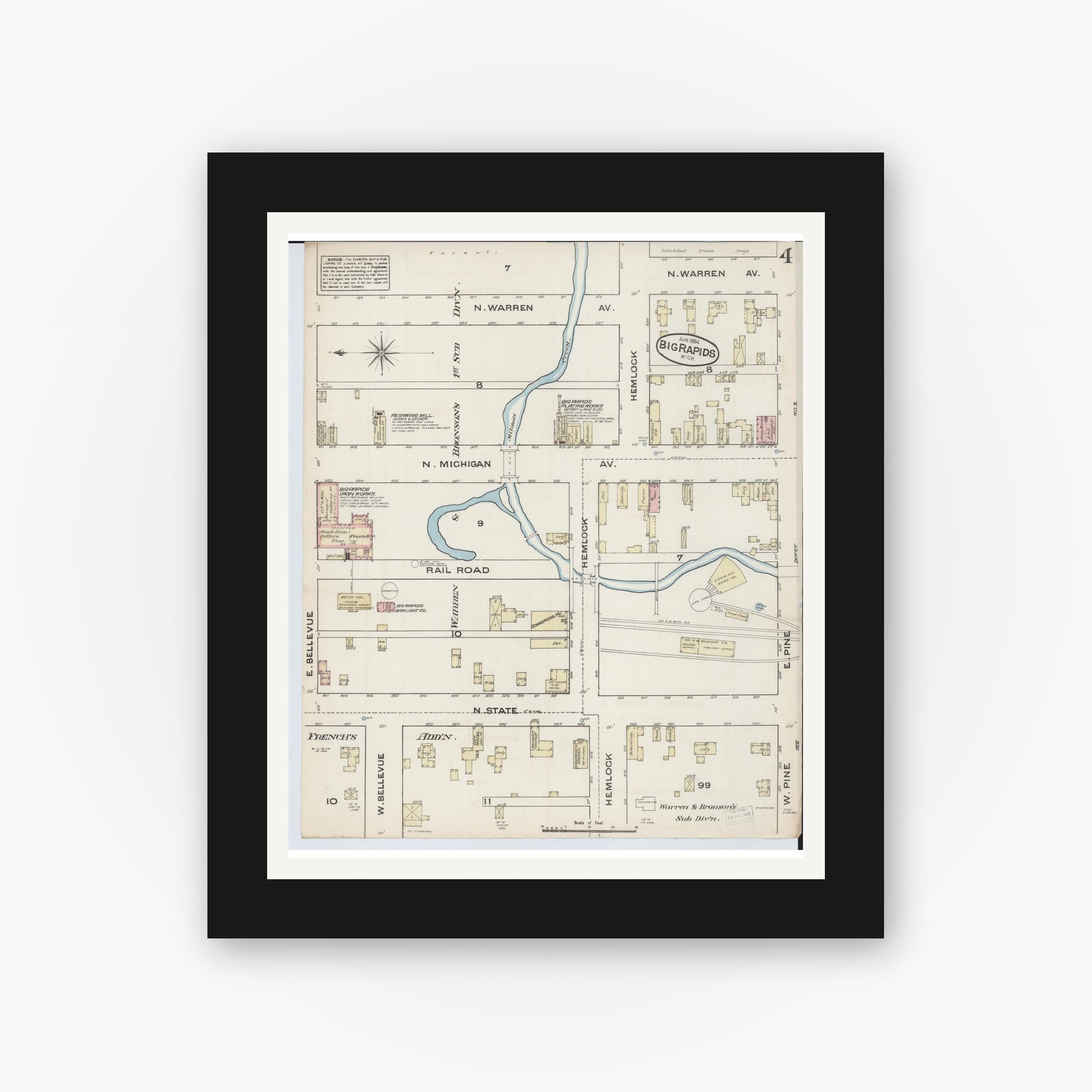 Old map wall art mockup — black gallery frame with white mat — Sanborn Fire Insurance Map from Big Rapids, Mecosta County, Michigan (1884), Sheet #0004