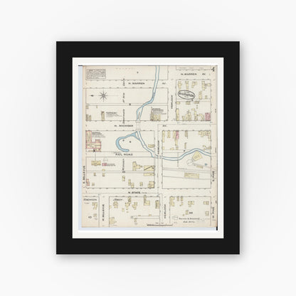 Old map wall art mockup — black gallery frame with white mat — Sanborn Fire Insurance Map from Big Rapids, Mecosta County, Michigan (1884), Sheet #0004