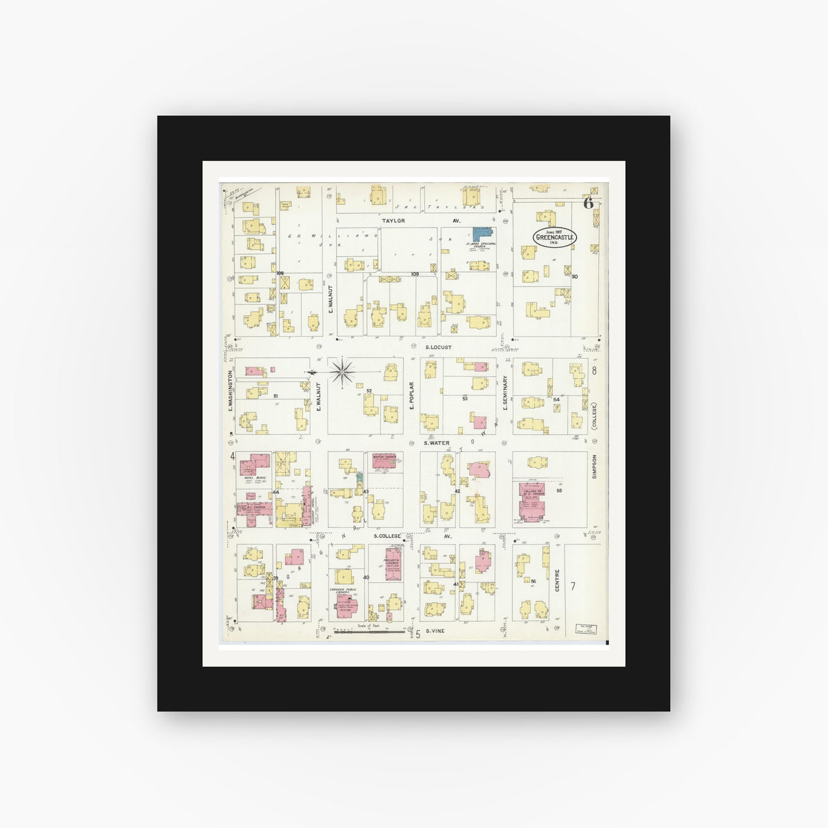 Old map wall art mockup — black gallery frame with white mat — Sanborn Fire Insurance Map from Greencastle, Putnam County, Indiana (1907), Sheet #0006
