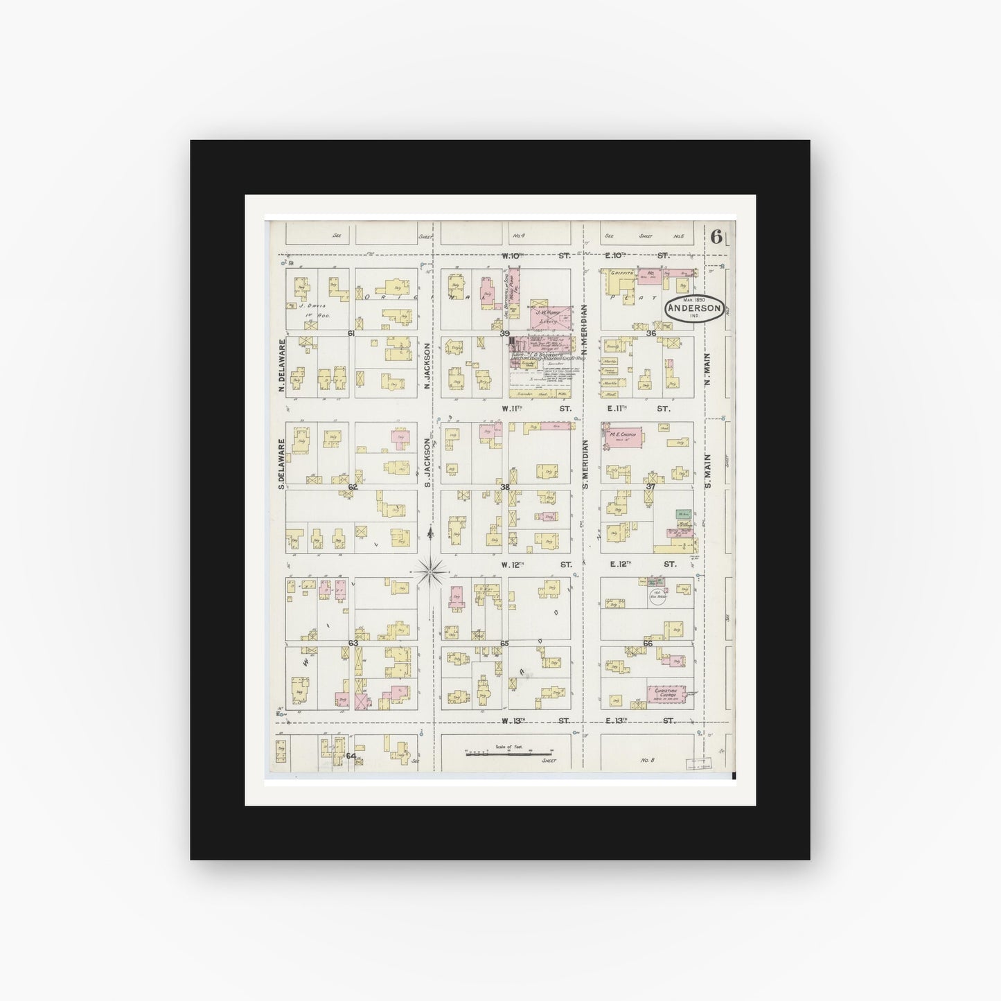 Old map wall art mockup — black gallery frame with white mat — Sanborn Fire Insurance Map from Anderson, Madison County, Indiana (1890), Sheet #0006