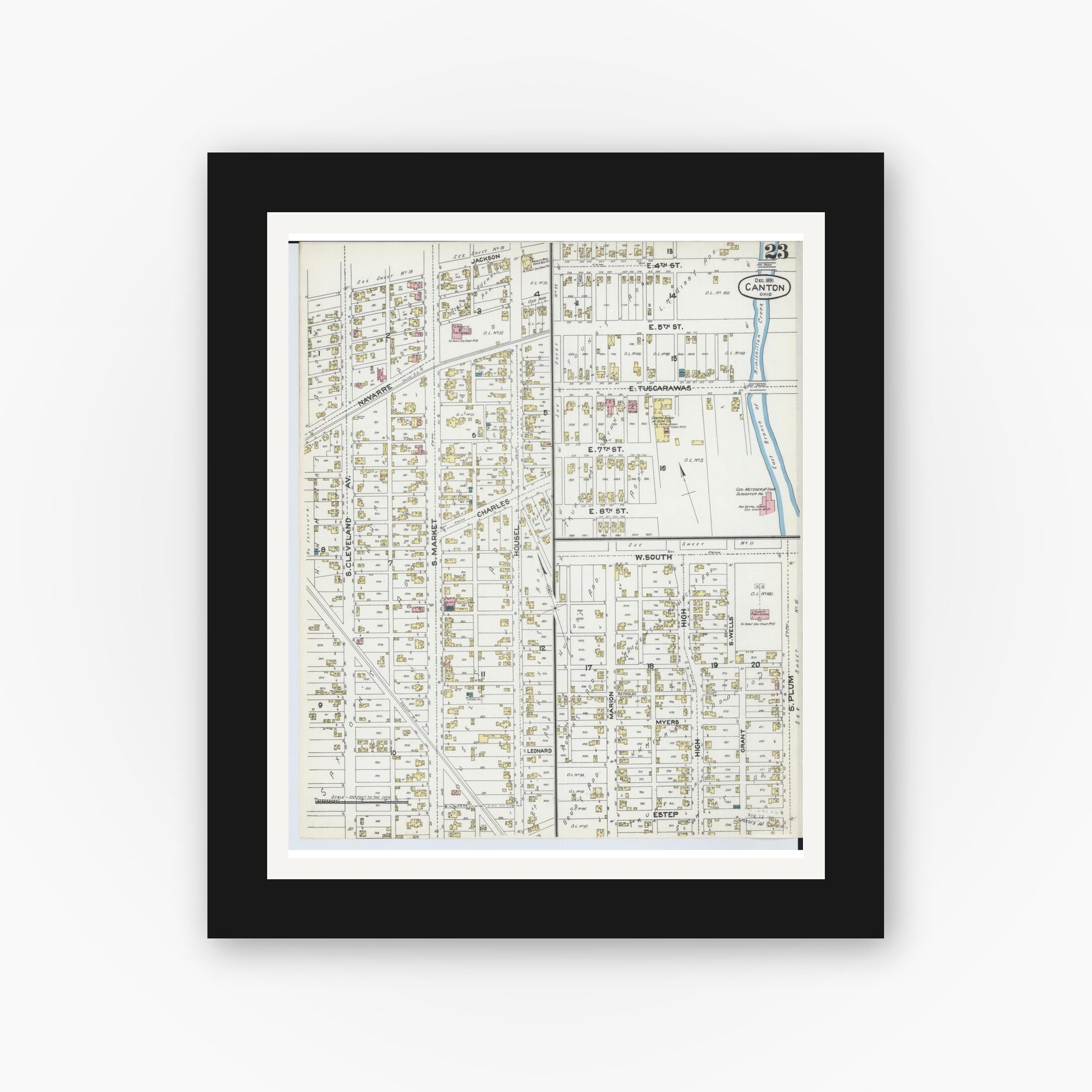 Old map wall art mockup — black gallery frame with white mat — Sanborn Fire Insurance Map from Canton, Stark County, Ohio (1891), Sheet #0023