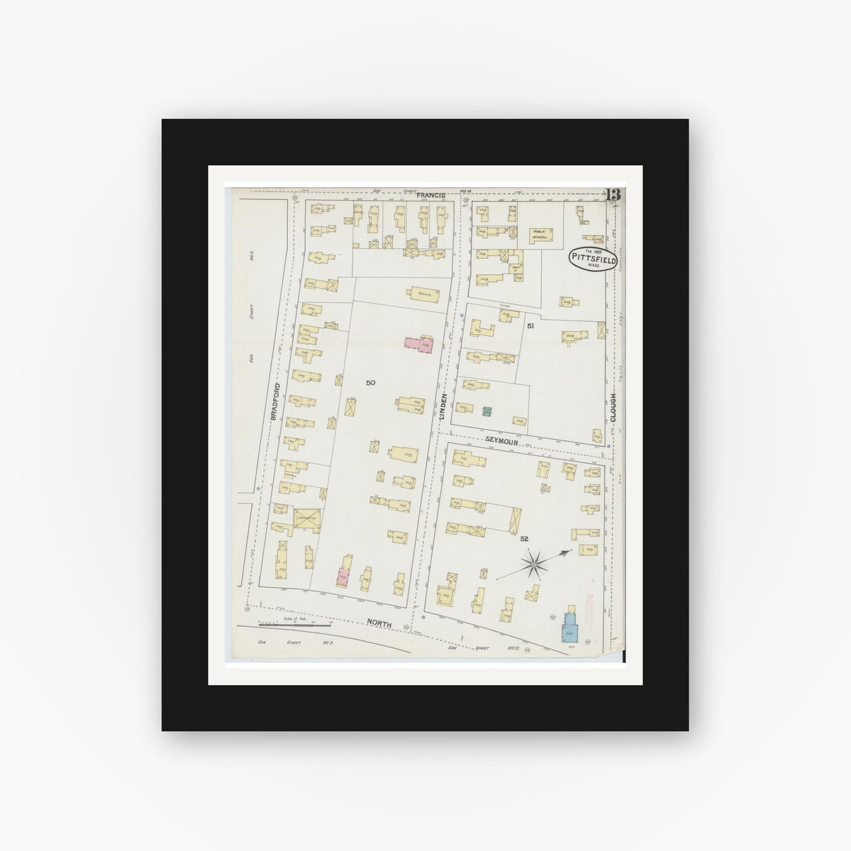 Old map wall art mockup — black gallery frame with white mat — Sanborn Fire Insurance Map from Pittsfield, Berkshire County, Massachusetts (1889), Sheet #0013