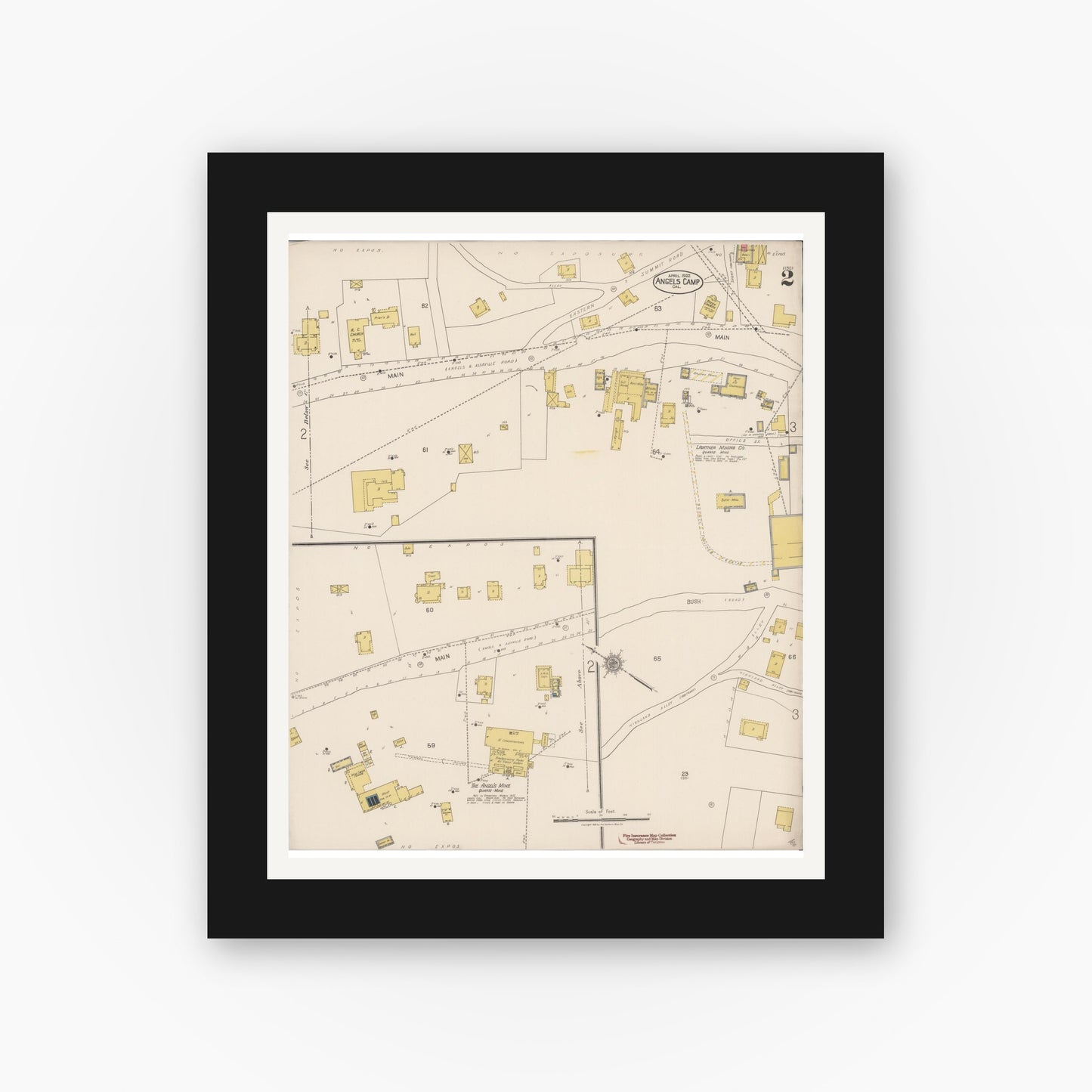 Old map wall art mockup — black gallery frame with white mat — Sanborn Fire Insurance Map from Angels Camp, Calaveras County, California (1922), Sheet #0002