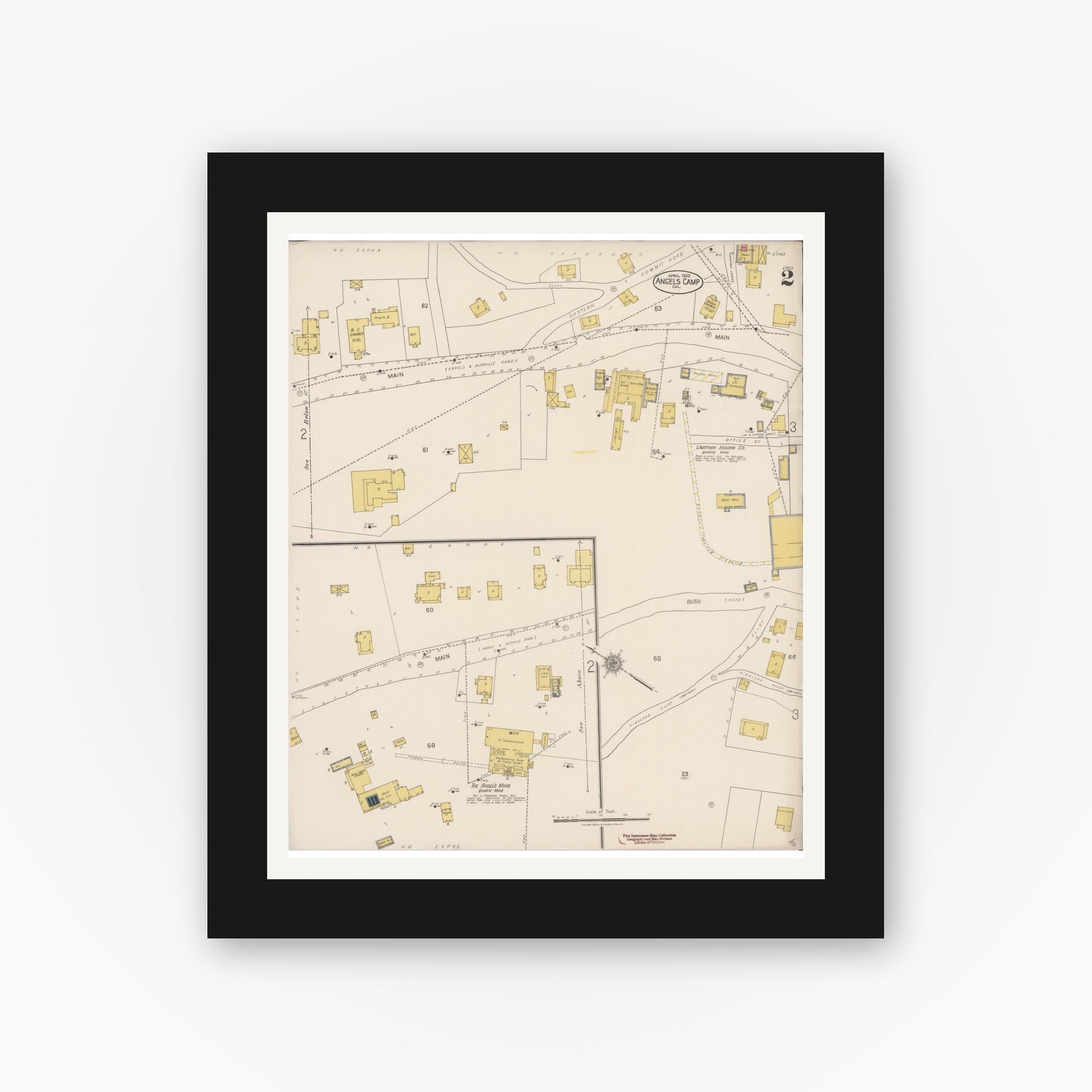 Old map wall art mockup — black gallery frame with white mat — Sanborn Fire Insurance Map from Angels Camp, Calaveras County, California (1922), Sheet #0002