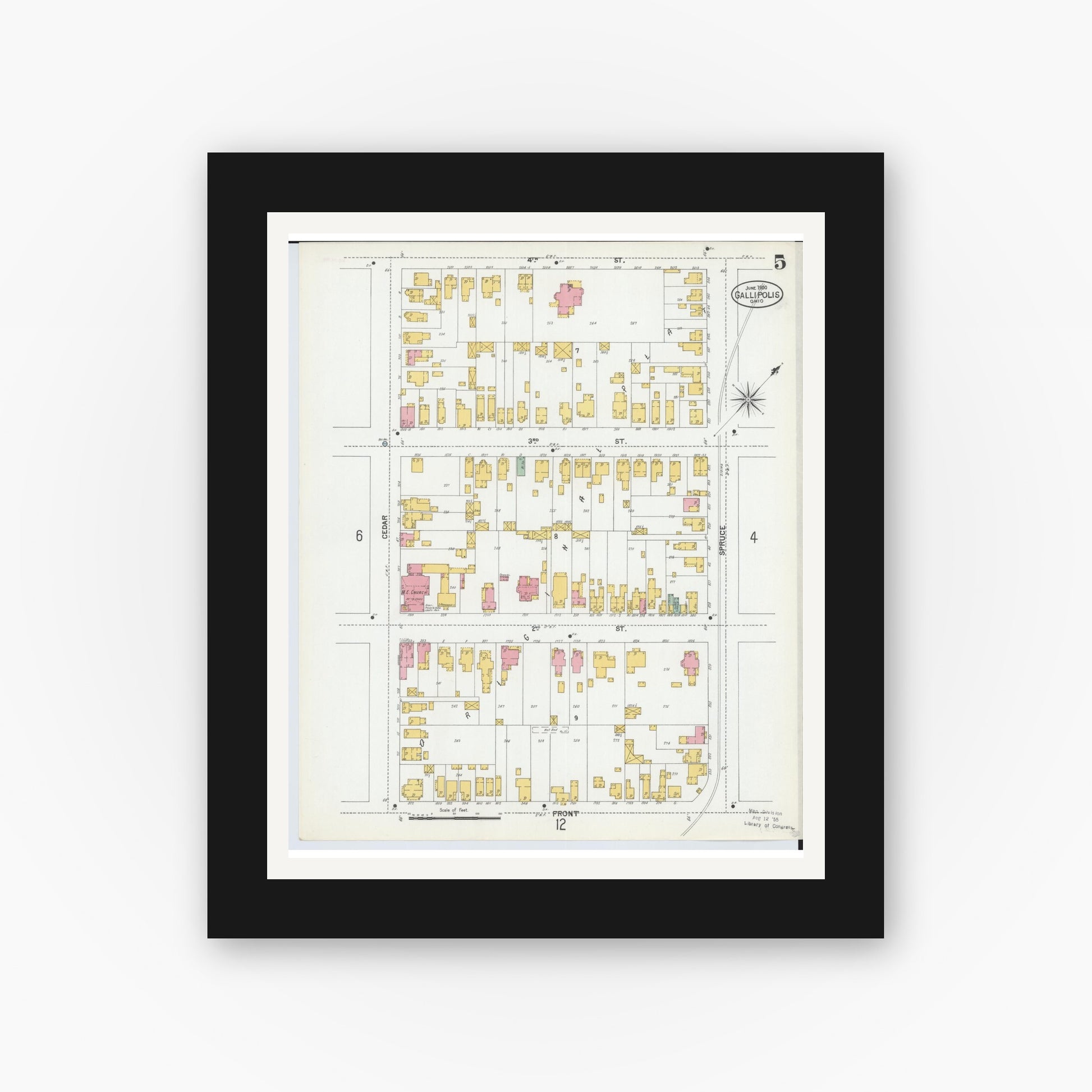 Old map wall art mockup — black gallery frame with white mat — Sanborn Fire Insurance Map from Gallipolis, Gallia County, Ohio (1900), Sheet #0005