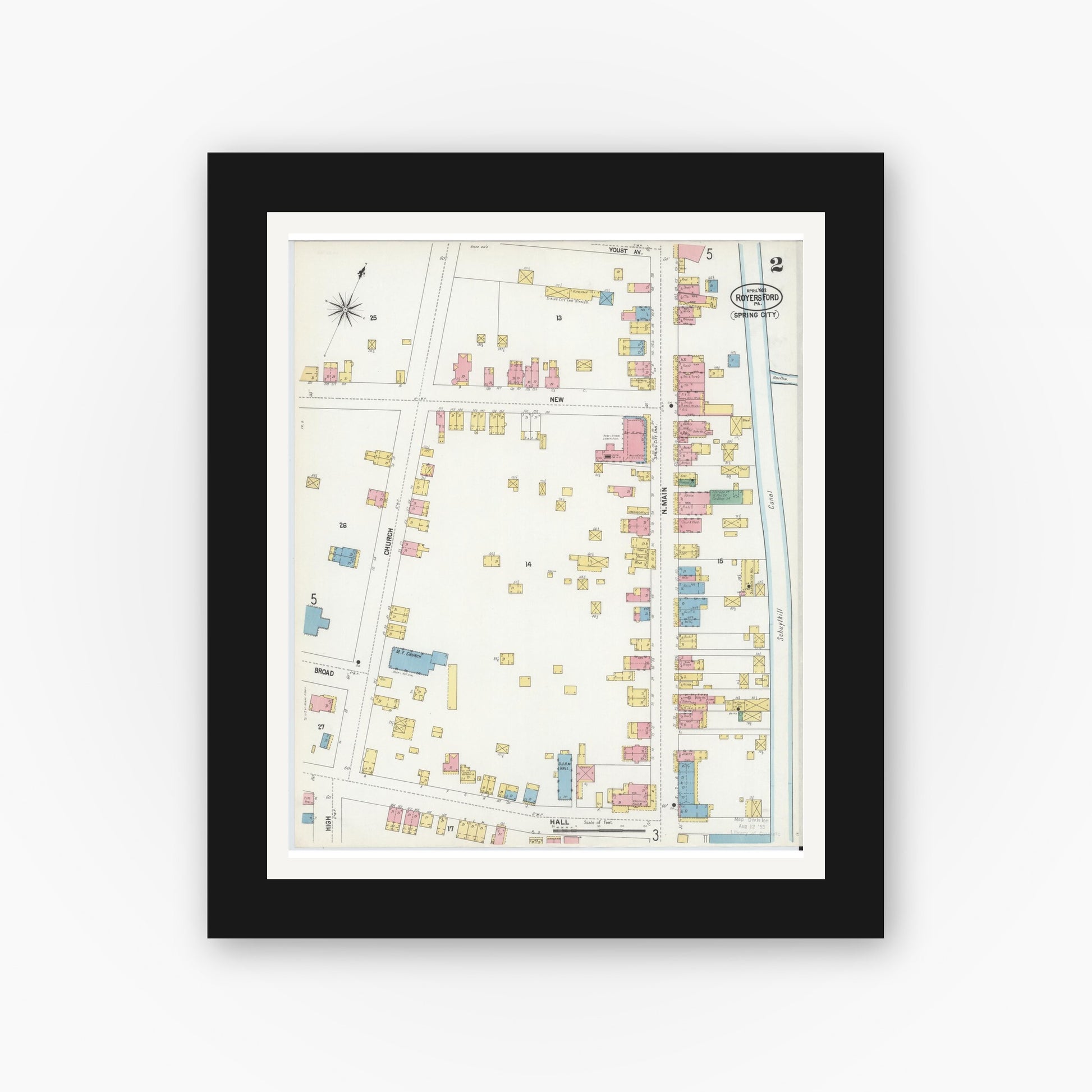 Old map wall art mockup — black gallery frame with white mat — Sanborn Fire Insurance Map from Royersford, Montgomery County, Pennsylvania (1902), Sheet #0002