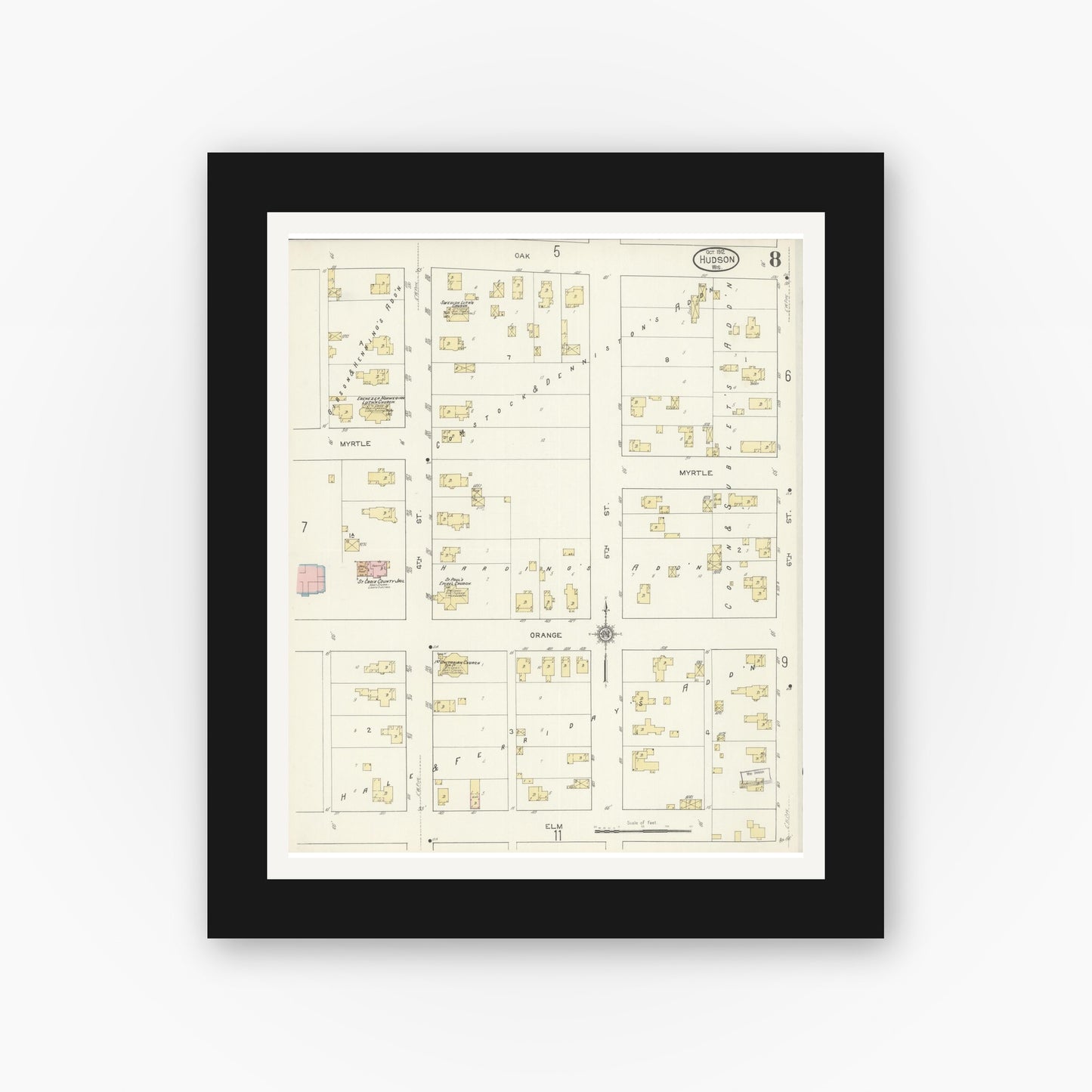 Old map wall art mockup — black gallery frame with white mat — Sanborn Fire Insurance Map from Hudson, St. Croix County, Wisconsin (1912), Sheet #0008
