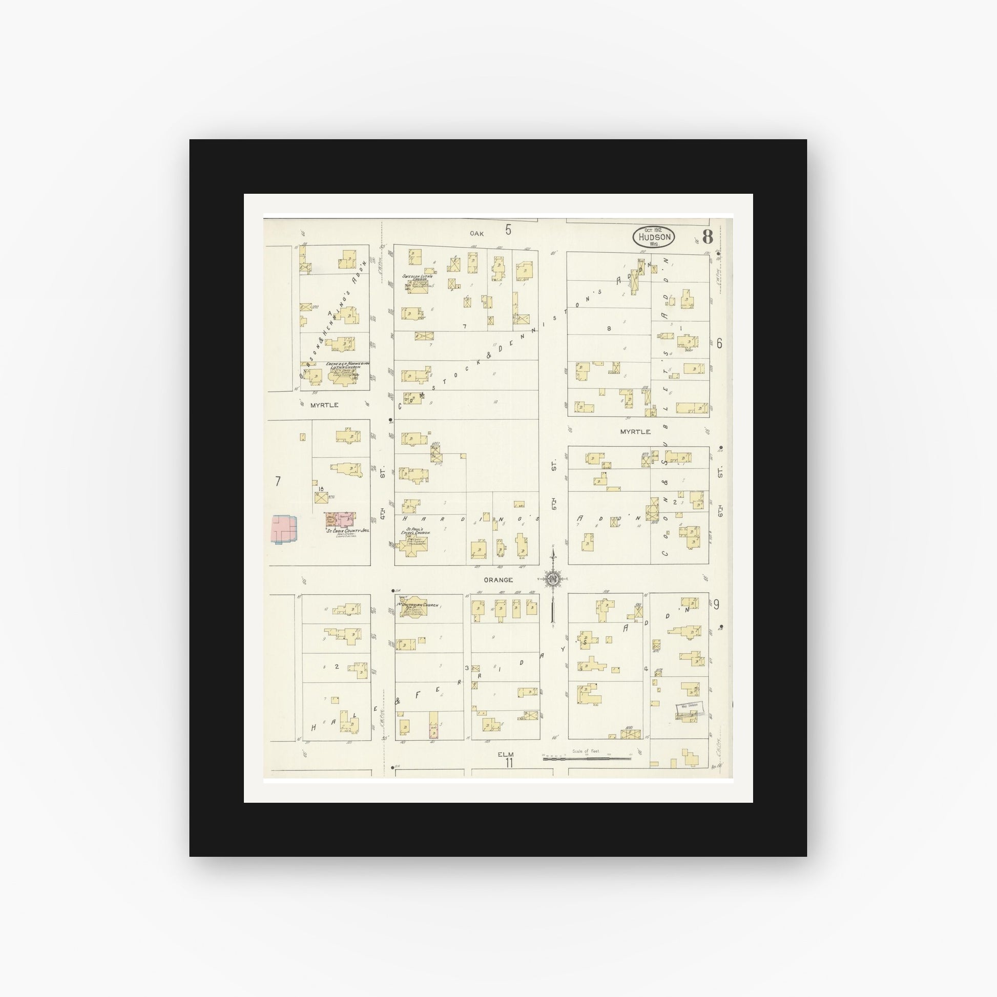 Old map wall art mockup — black gallery frame with white mat — Sanborn Fire Insurance Map from Hudson, St. Croix County, Wisconsin (1912), Sheet #0008