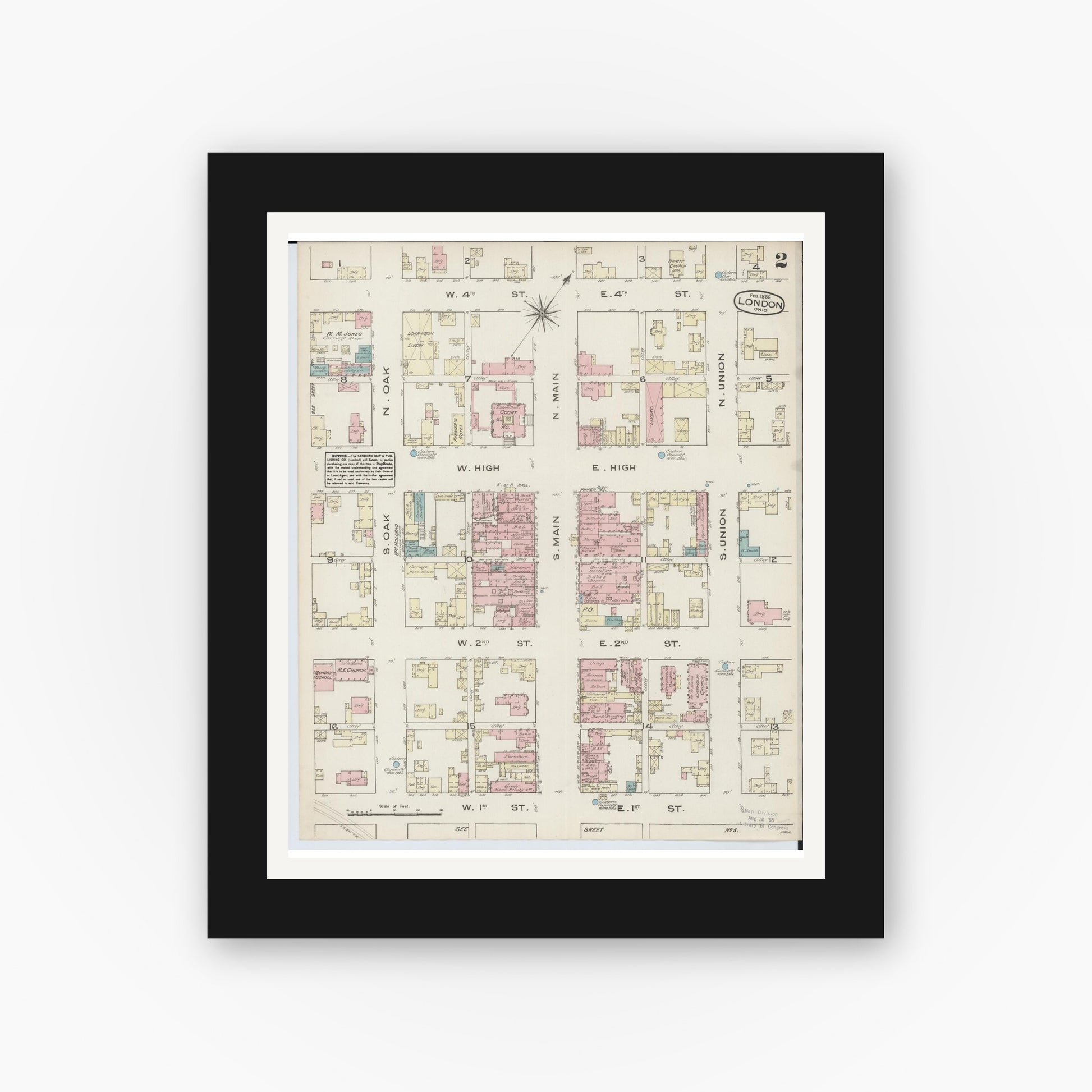 Old map wall art mockup — black gallery frame with white mat — Sanborn Fire Insurance Map from London, Madison County, Ohio (1885), Sheet #0002